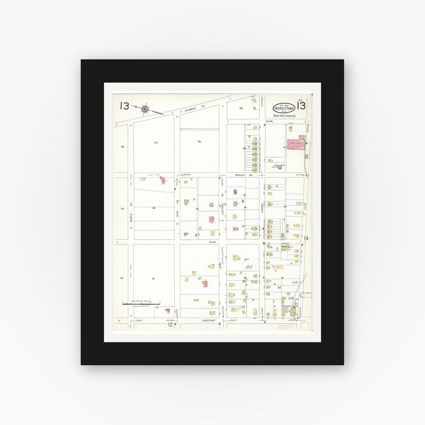 Old map wall art mockup — black gallery frame with white mat — Sanborn Fire Insurance Map from Moorestown, Burlington County, New Jersey (1923), Sheet #0013