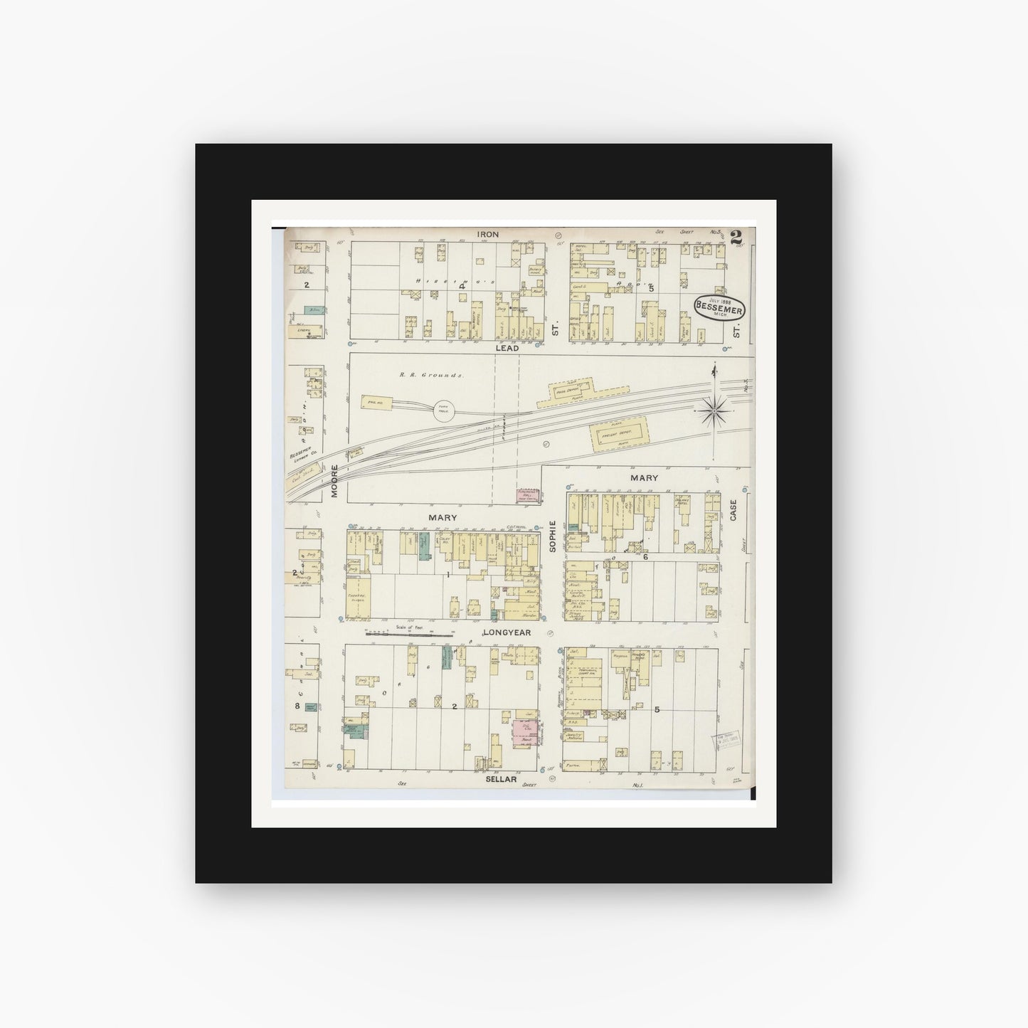 Old map wall art mockup — black gallery frame with white mat — Sanborn Fire Insurance Map from Bessemer, Gogebic County, Michigan (1888), Sheet #0002
