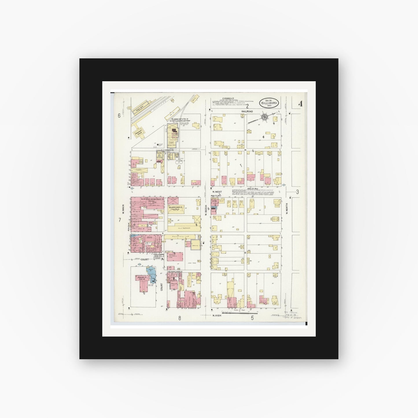 Old map wall art mockup — black gallery frame with white mat — Sanborn Fire Insurance Map from Hillsboro, Highland County, Ohio (1911), Sheet #0004