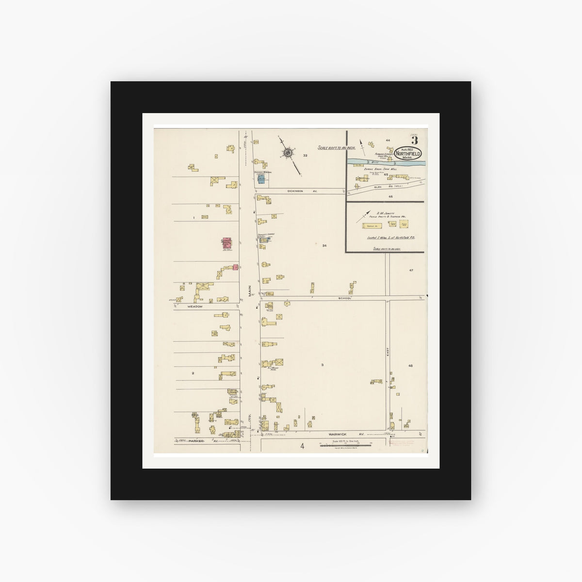 Old map wall art mockup — black gallery frame with white mat — Sanborn Fire Insurance Map from Northfield, Franklin County, Massachusetts (1922), Sheet #0003