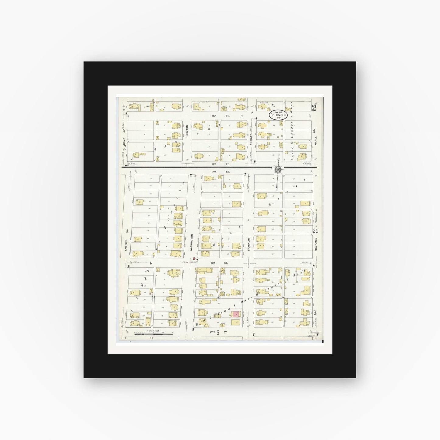 Old map wall art mockup — black gallery frame with white mat — Sanborn Fire Insurance Map from Columbus, Bartholomew County, Indiana (1912), Sheet #0002