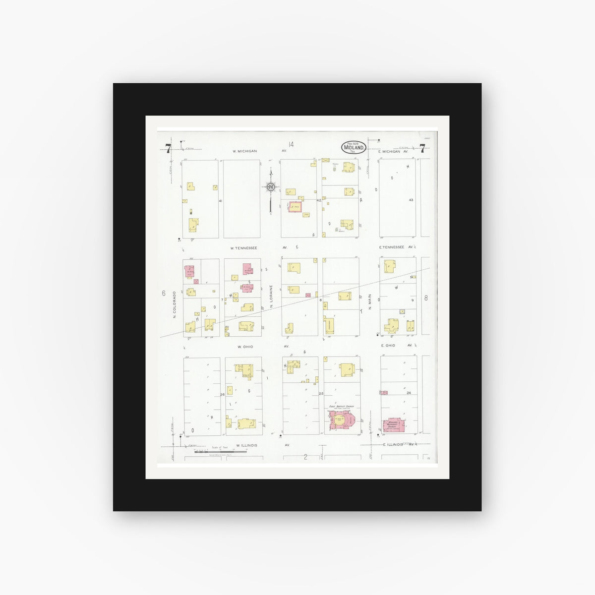 Old map wall art mockup — black gallery frame with white mat — Sanborn Fire Insurance Map from Midland, Midland County, Texas (1929), Sheet #0007