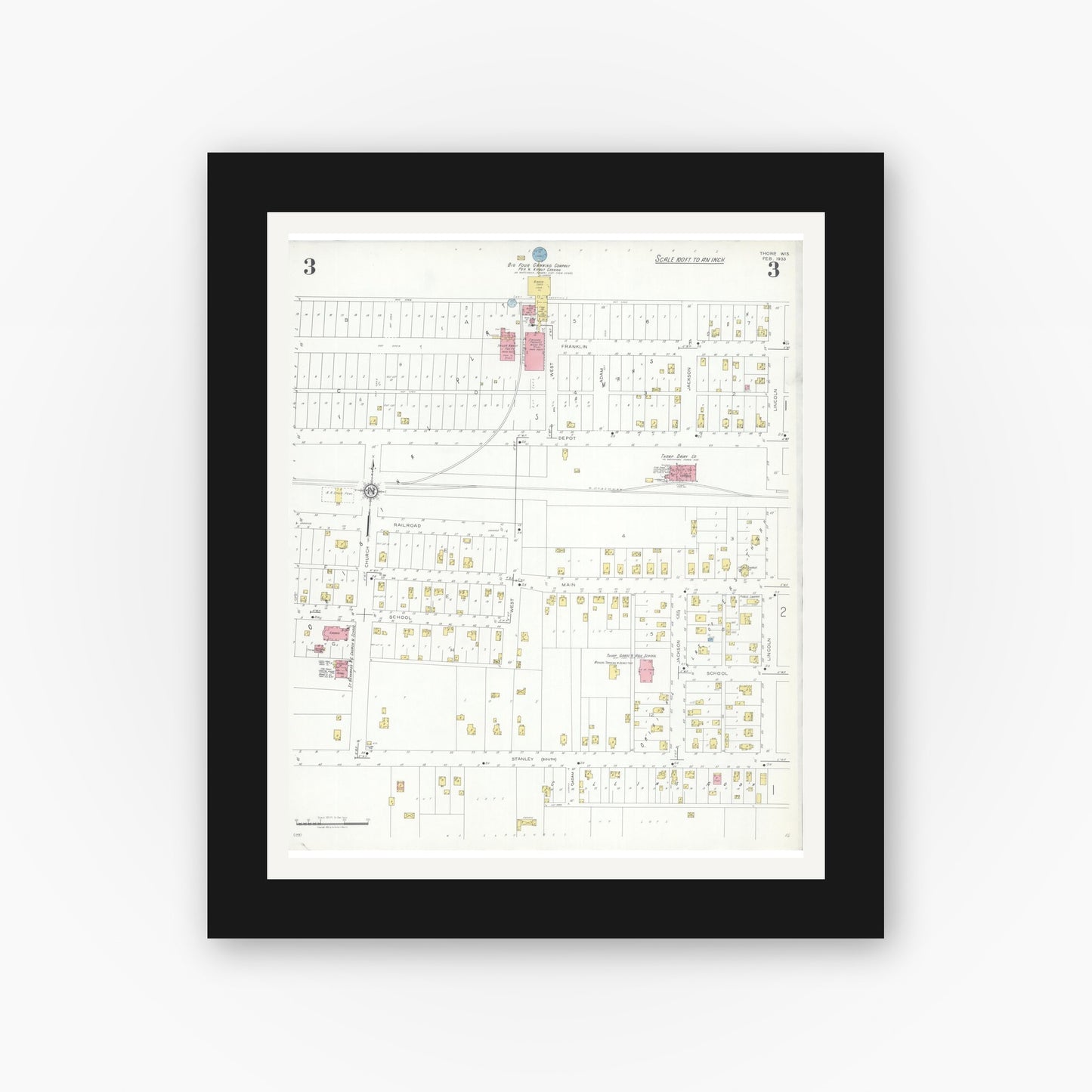 Old map wall art mockup — black gallery frame with white mat — Sanborn Fire Insurance Map from Thorpe, Clark County, Wisconsin (1933), Sheet #0003