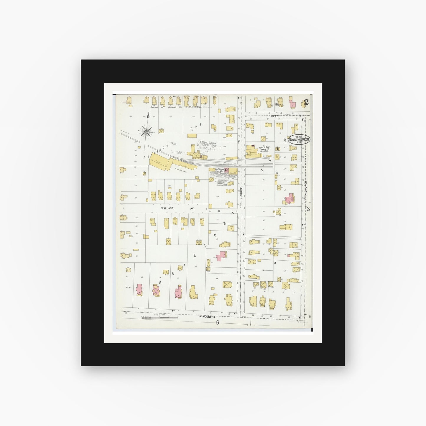 Old map wall art mockup — black gallery frame with white mat — Sanborn Fire Insurance Map from Bowling Green, Wood County, Ohio (1900), Sheet #0002