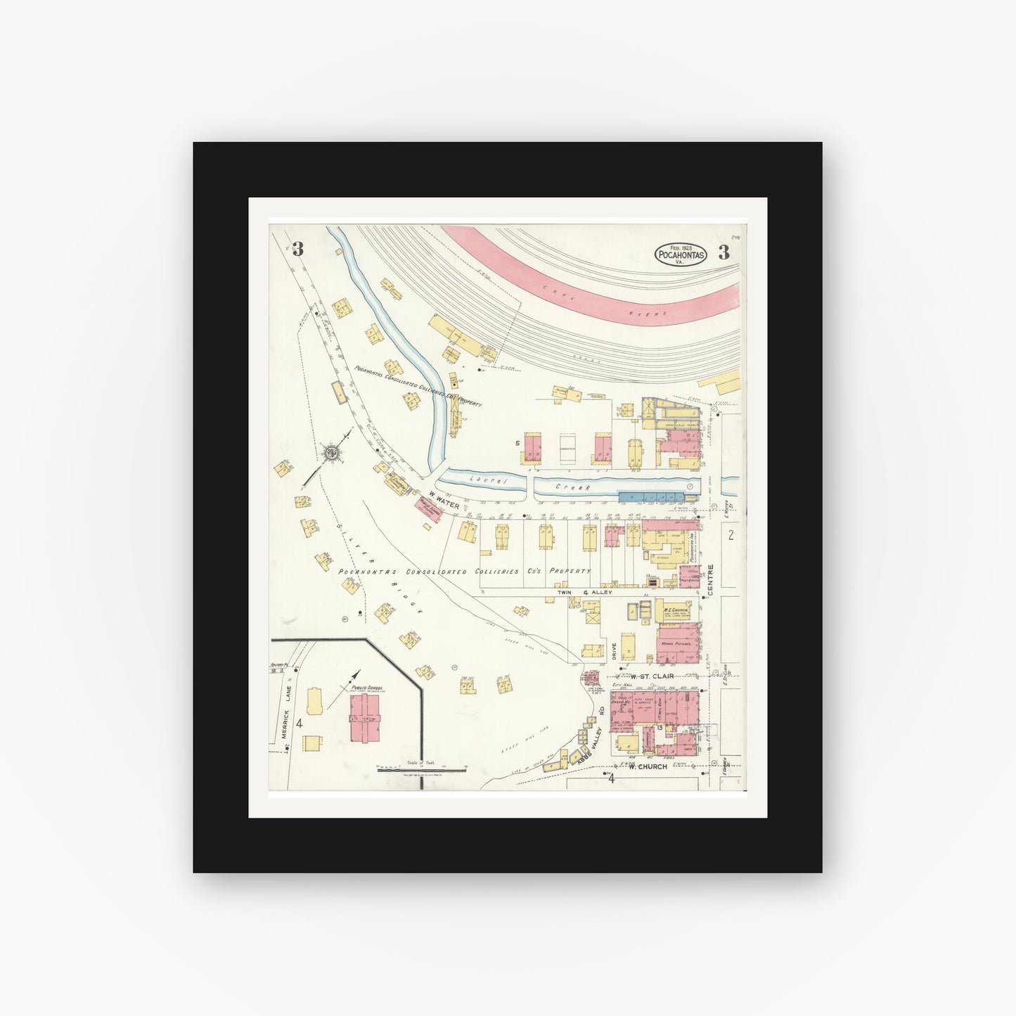 Old map wall art mockup — black gallery frame with white mat — Sanborn Fire Insurance Map from Pocahontas, Tazewell County, Virginia (1923), Sheet #0003