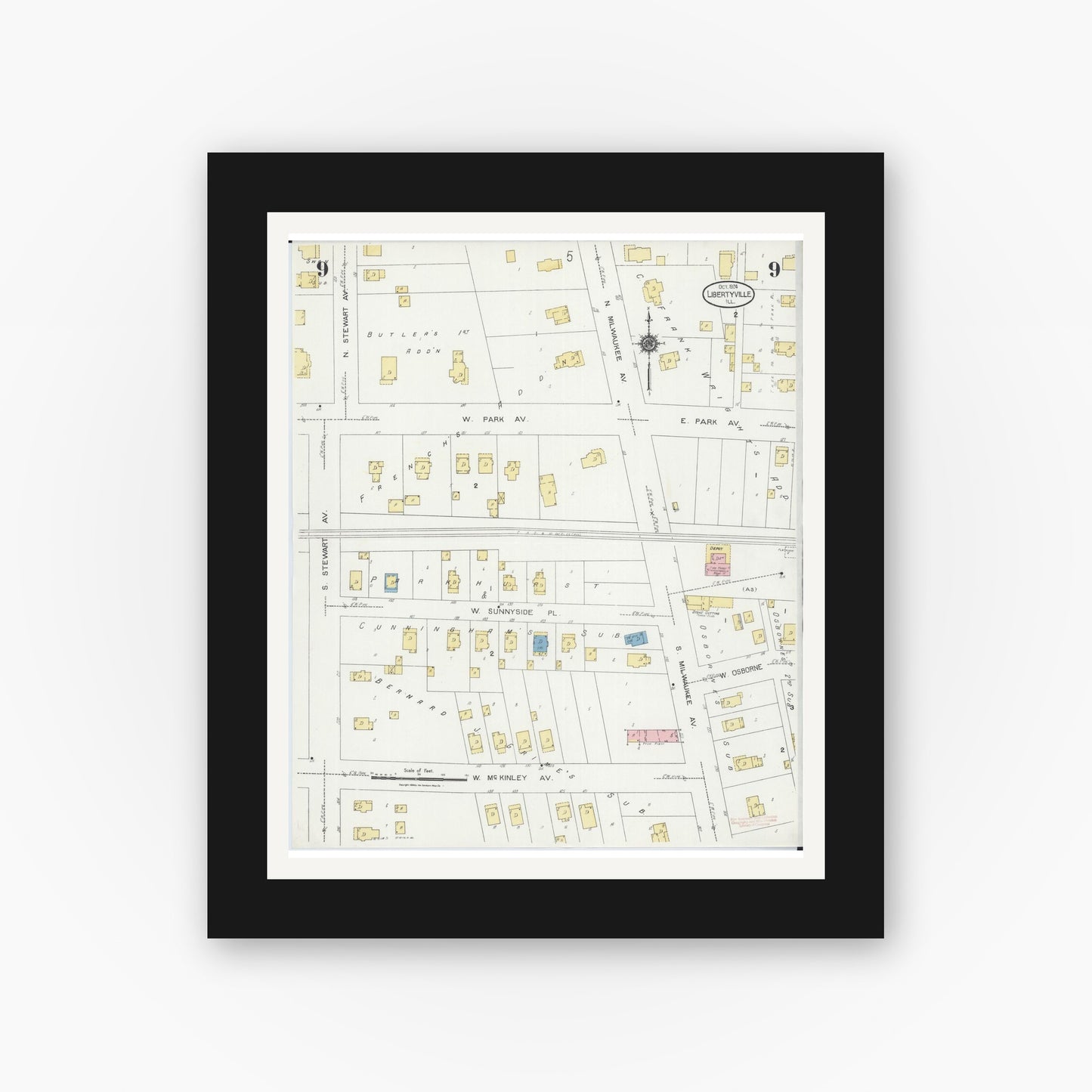 Old map wall art mockup — black gallery frame with white mat — Sanborn Fire Insurance Map from Libertyville, Lake County, Illinois (1924), Sheet #0009