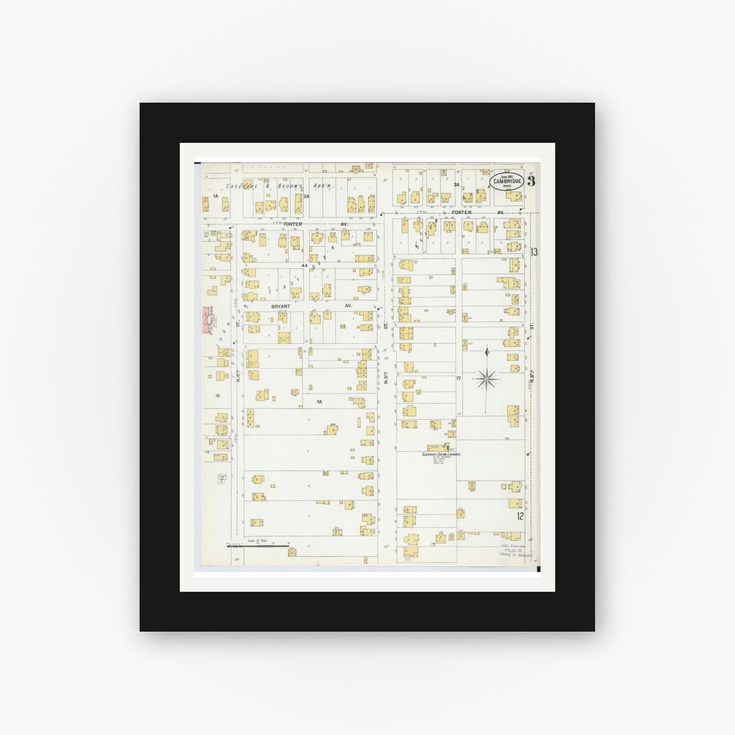 Old map wall art mockup — black gallery frame with white mat — Sanborn Fire Insurance Map from Cambridge, Guernsey County, Ohio (1901), Sheet #0003