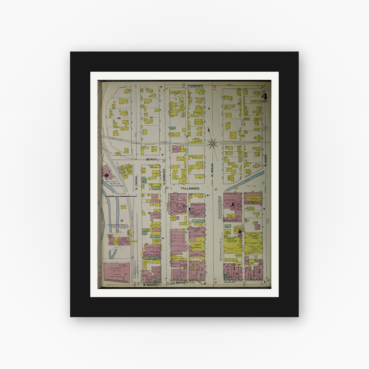Old map wall art mockup — black gallery frame with white mat — Sanborn Fire Insurance Map from Akron, Summit County, Ohio (1892), Sheet #0004