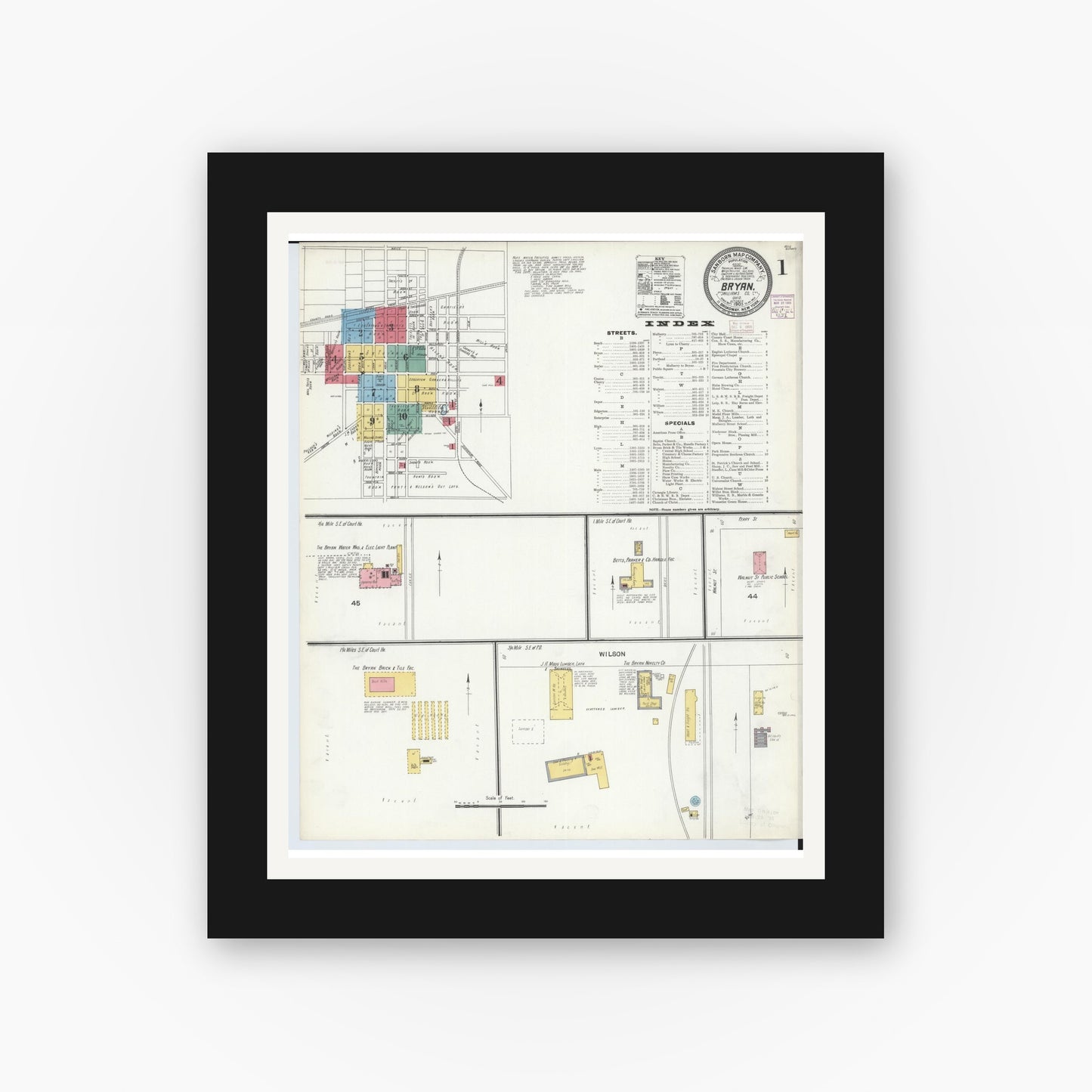 Old map wall art mockup — black gallery frame with white mat — Sanborn Fire Insurance Map from Bryan, Williams County, Ohio (1905) - Complete Map Set