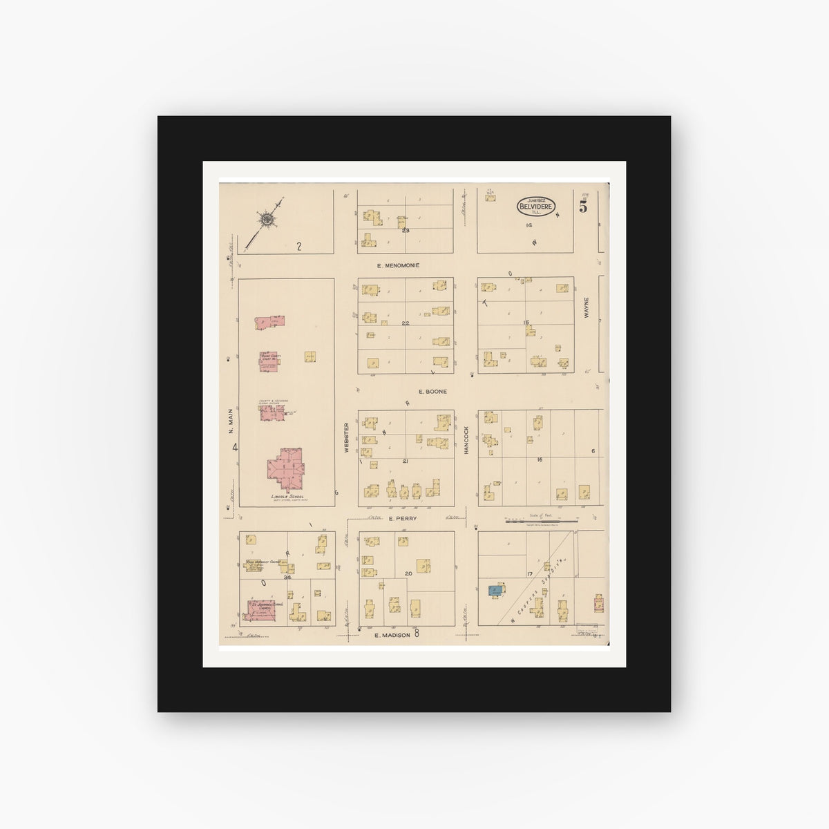 Old map wall art mockup — black gallery frame with white mat — Sanborn Fire Insurance Map from Belvidere, Boone County, Illinois (1922), Sheet #0005