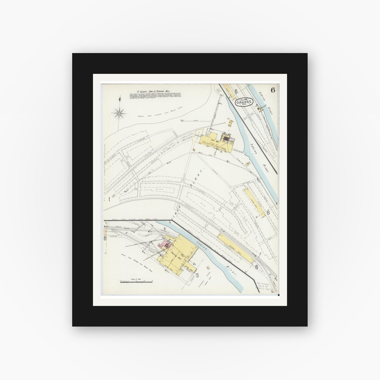 Old map wall art mockup — black gallery frame with white mat — Sanborn Fire Insurance Map from Orange, Orange County, Texas (1896), Sheet #0006