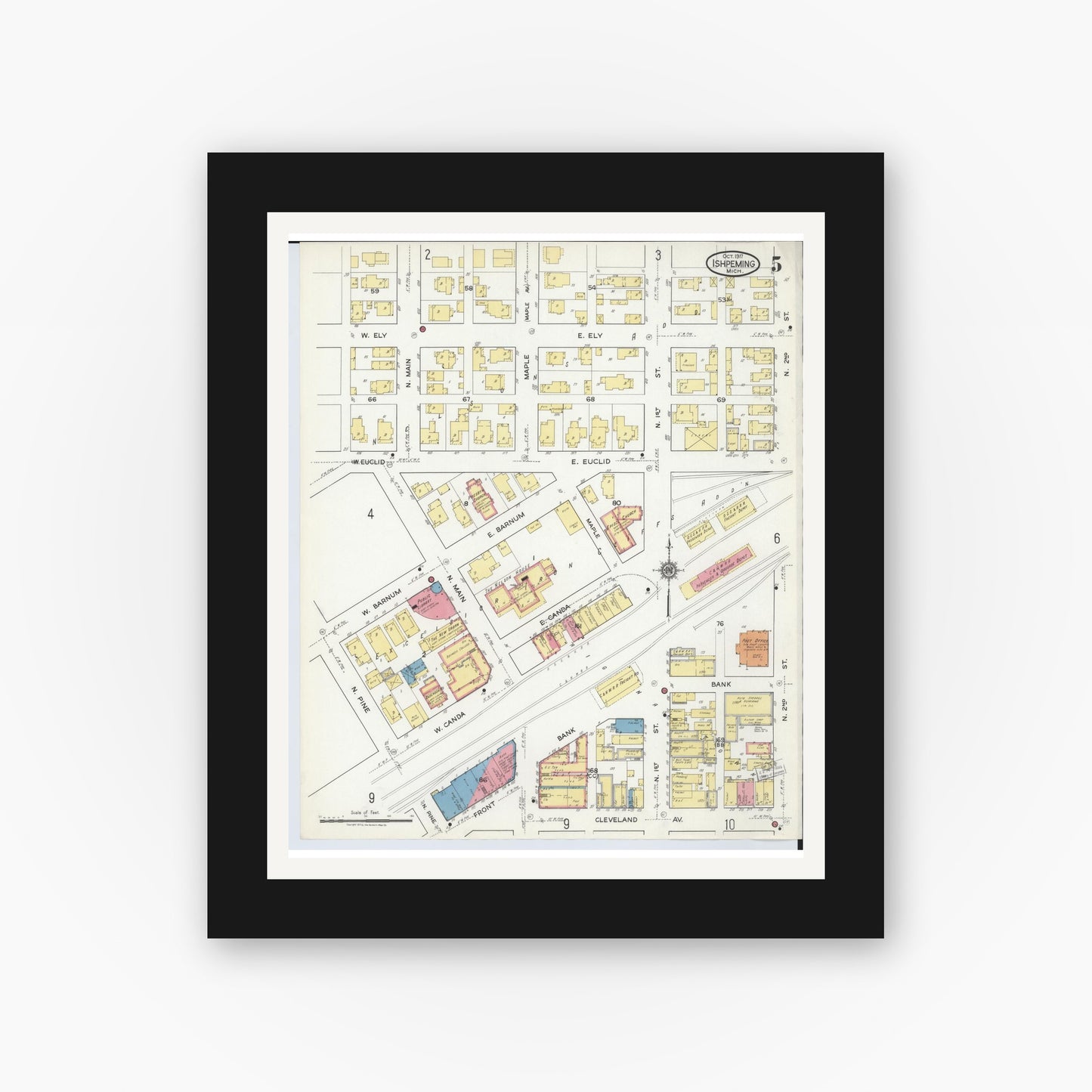 Old map wall art mockup — black gallery frame with white mat — Sanborn Fire Insurance Map from Ishpeming, Marquette County, Michigan (1917), Sheet #0005