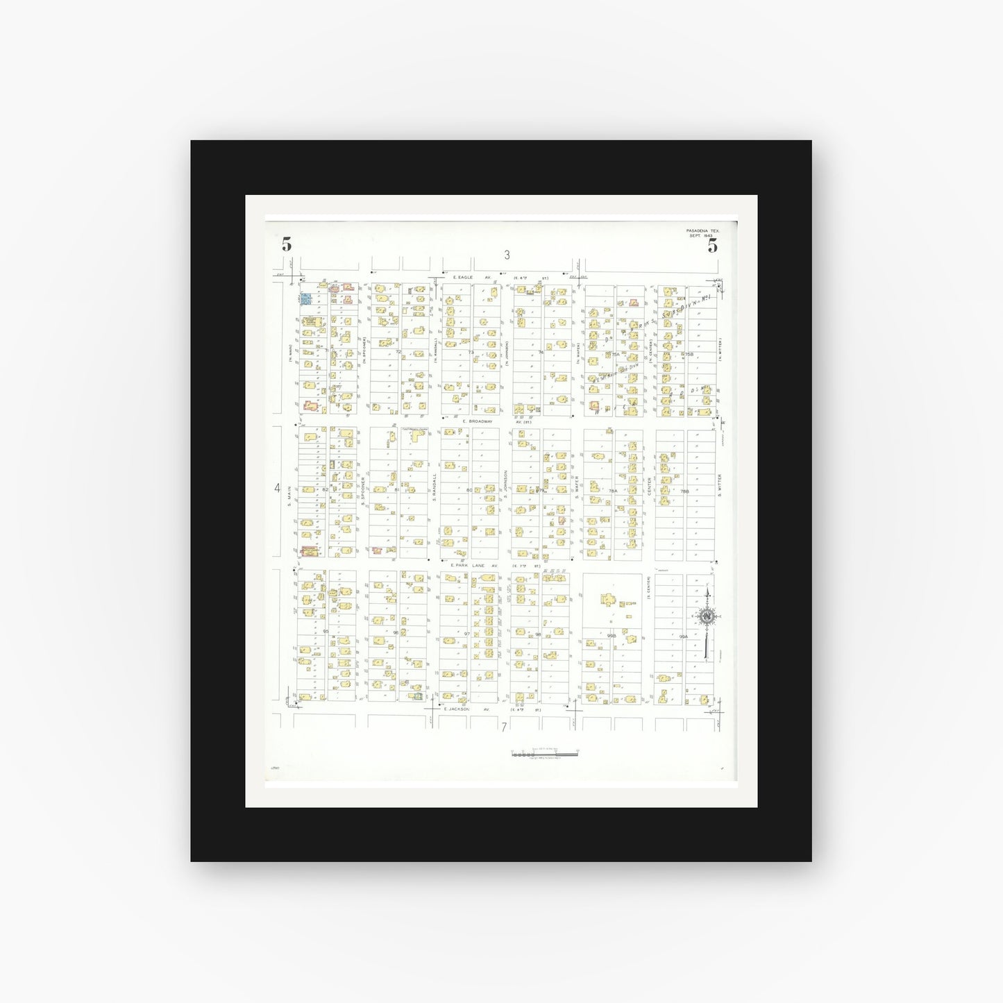 Old map wall art mockup — black gallery frame with white mat — Sanborn Fire Insurance Map from Pasadena, Harris County, Texas (1943), Sheet #0005