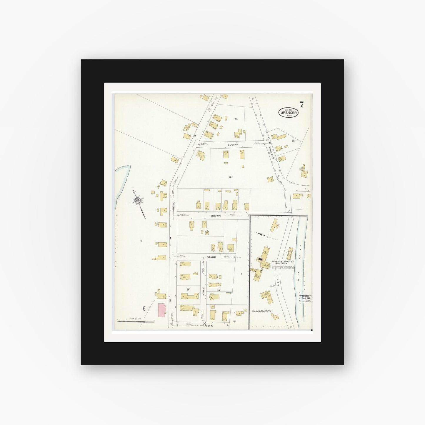 Old map wall art mockup — black gallery frame with white mat — Sanborn Fire Insurance Map from Spencer, Worcester County, Massachusetts (1912), Sheet #0007