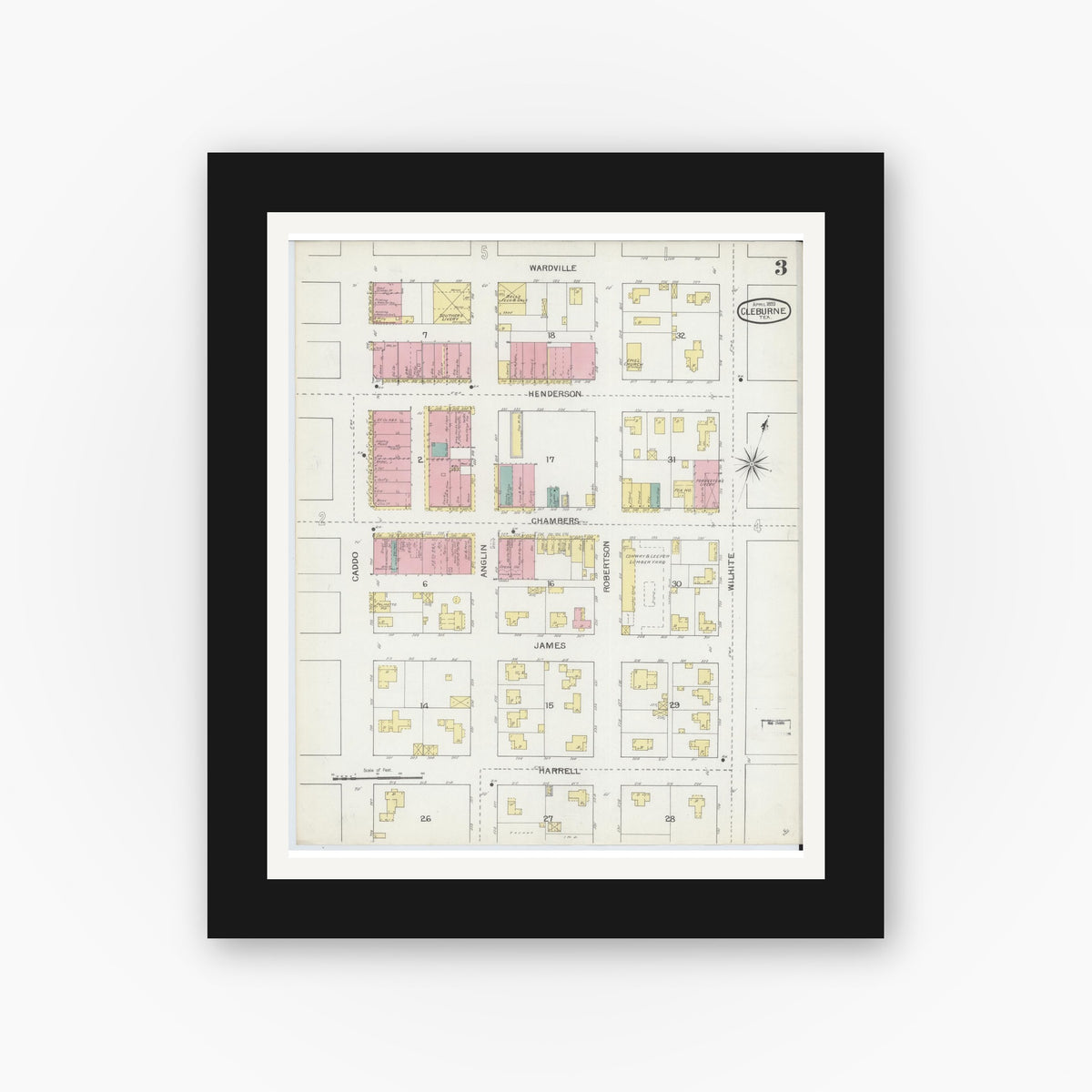 Old map wall art mockup — black gallery frame with white mat — Sanborn Fire Insurance Map from Cleburne, Johnson County, Texas (1893), Sheet #0003