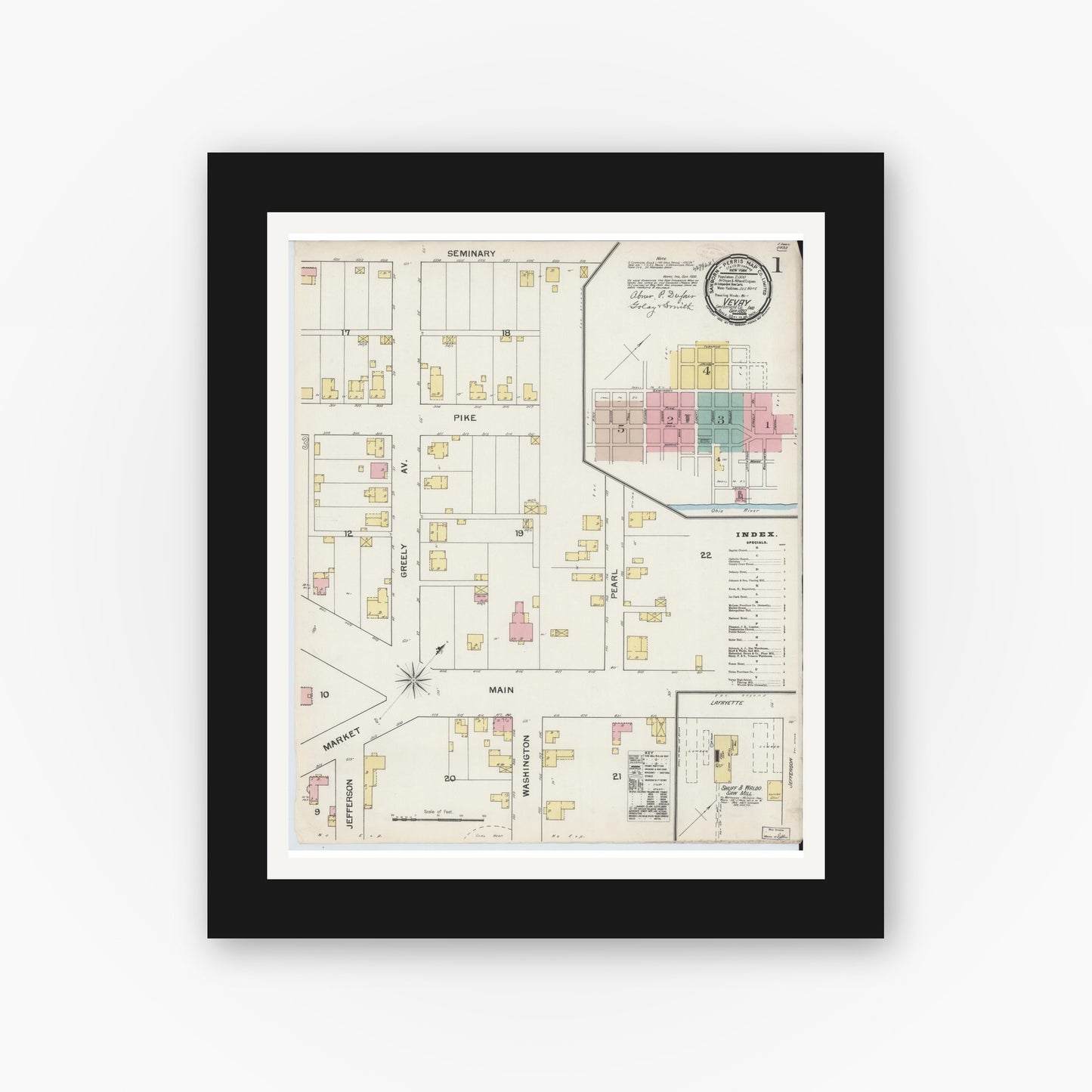 Old map wall art mockup — black gallery frame with white mat — Sanborn Fire Insurance Map from Vevay, Switzerland County, Indiana (1892) - Complete Map Set