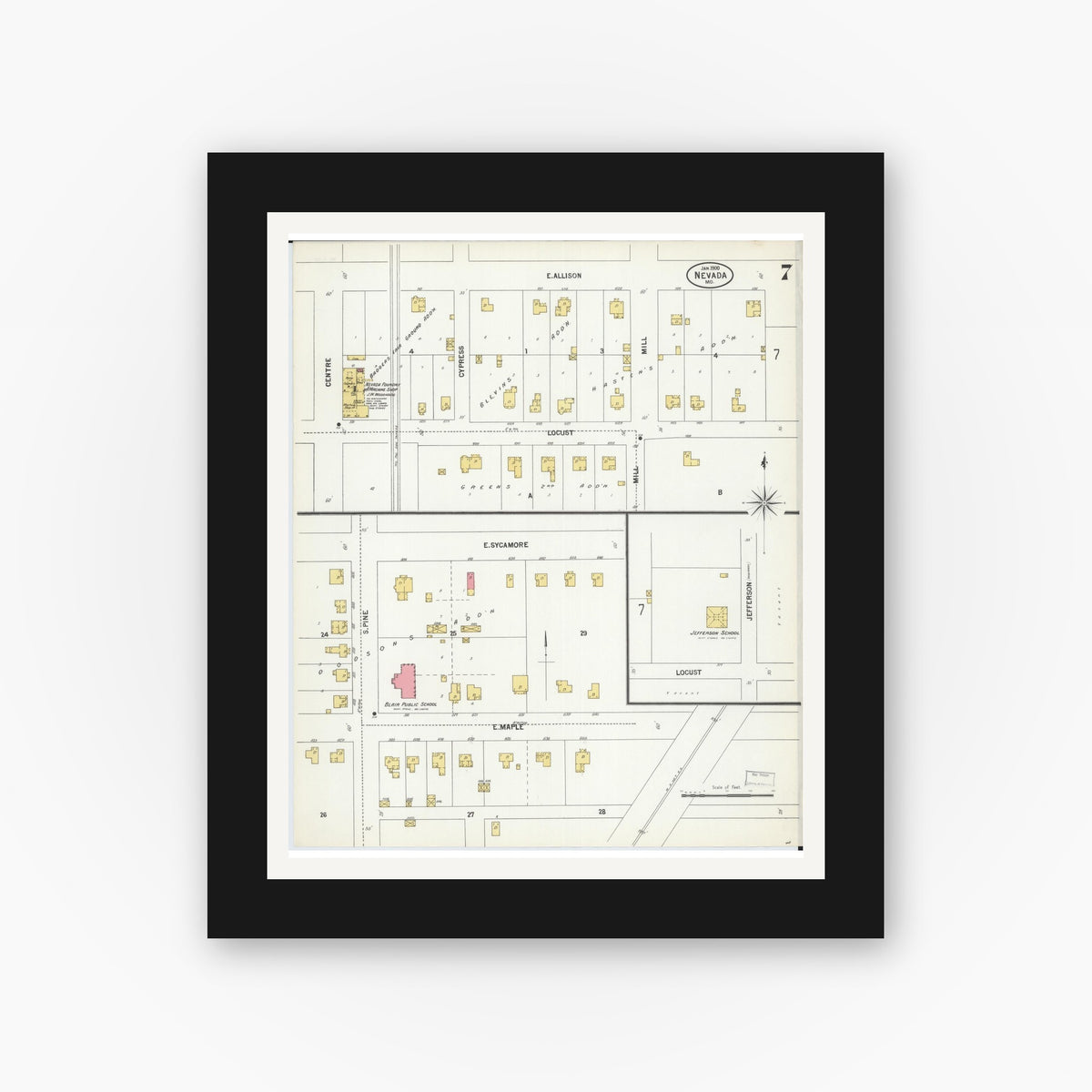 Old map wall art mockup — black gallery frame with white mat — Sanborn Fire Insurance Map from Nevada, Vernon County, Missouri (1900), Sheet #0007