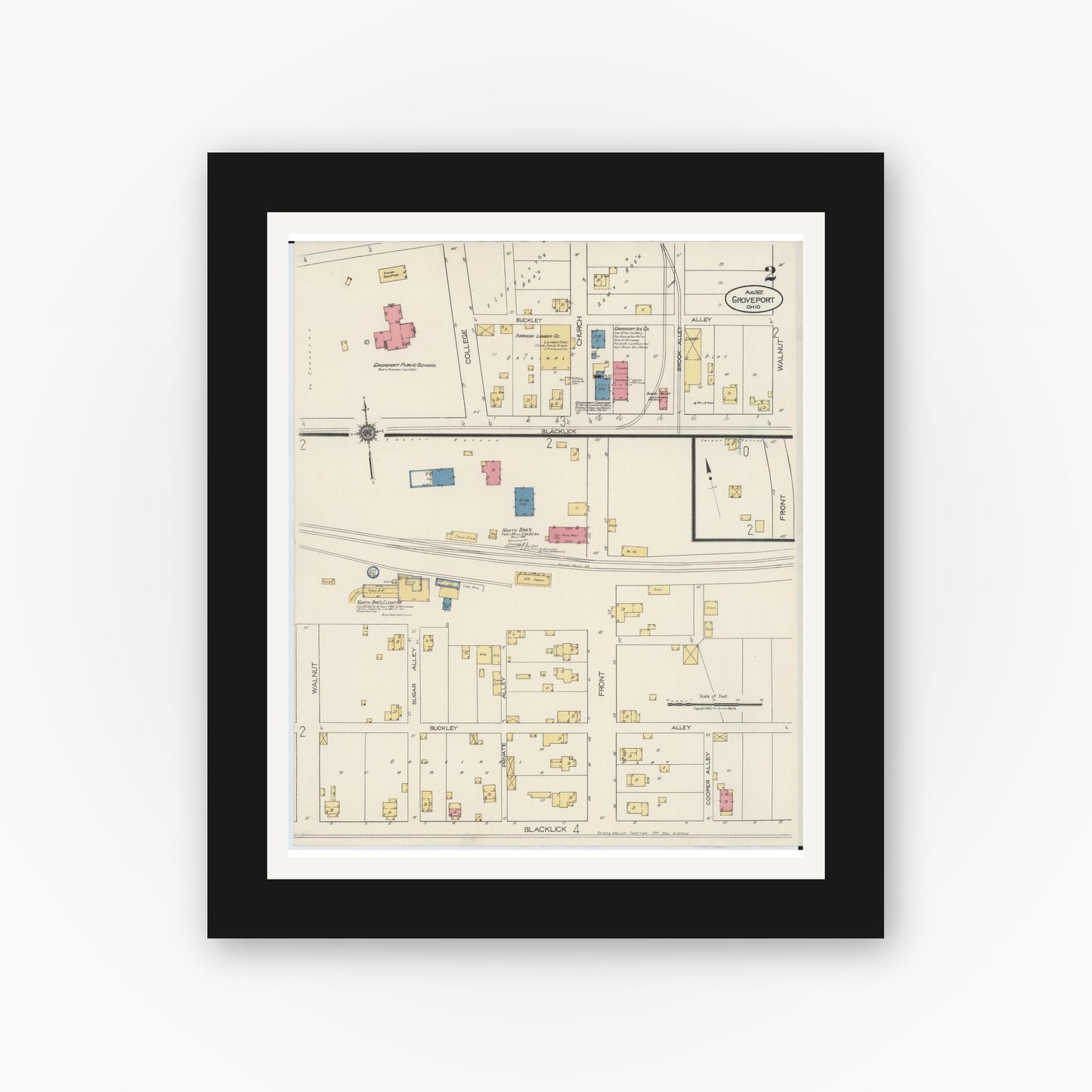 Old map wall art mockup — black gallery frame with white mat — Sanborn Fire Insurance Map from Groveport, Franklin County, Ohio (1922), Sheet #0002