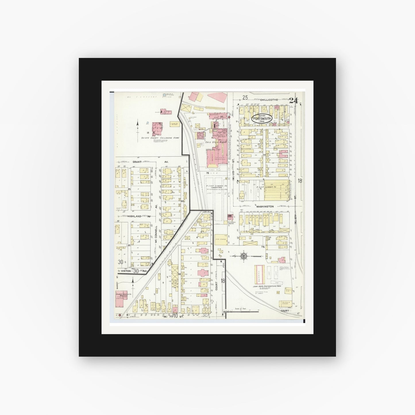 Old map wall art mockup — black gallery frame with white mat — Sanborn Fire Insurance Map from Portsmouth, Scioto County, Ohio (1911), Sheet #0024