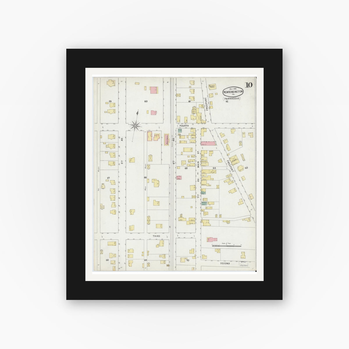 Old map wall art mockup — black gallery frame with white mat — Sanborn Fire Insurance Map from New Kensington, Westmoreland County, Pennsylvania (1895), Sheet #0010