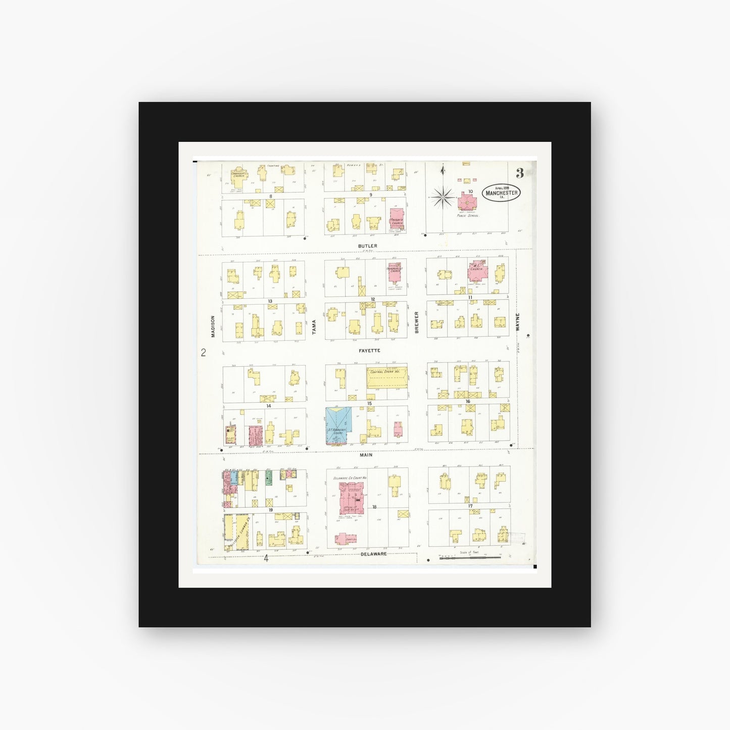 Old map wall art mockup — black gallery frame with white mat — Sanborn Fire Insurance Map from Manchester, Delaware County, Iowa (1899), Sheet #0003
