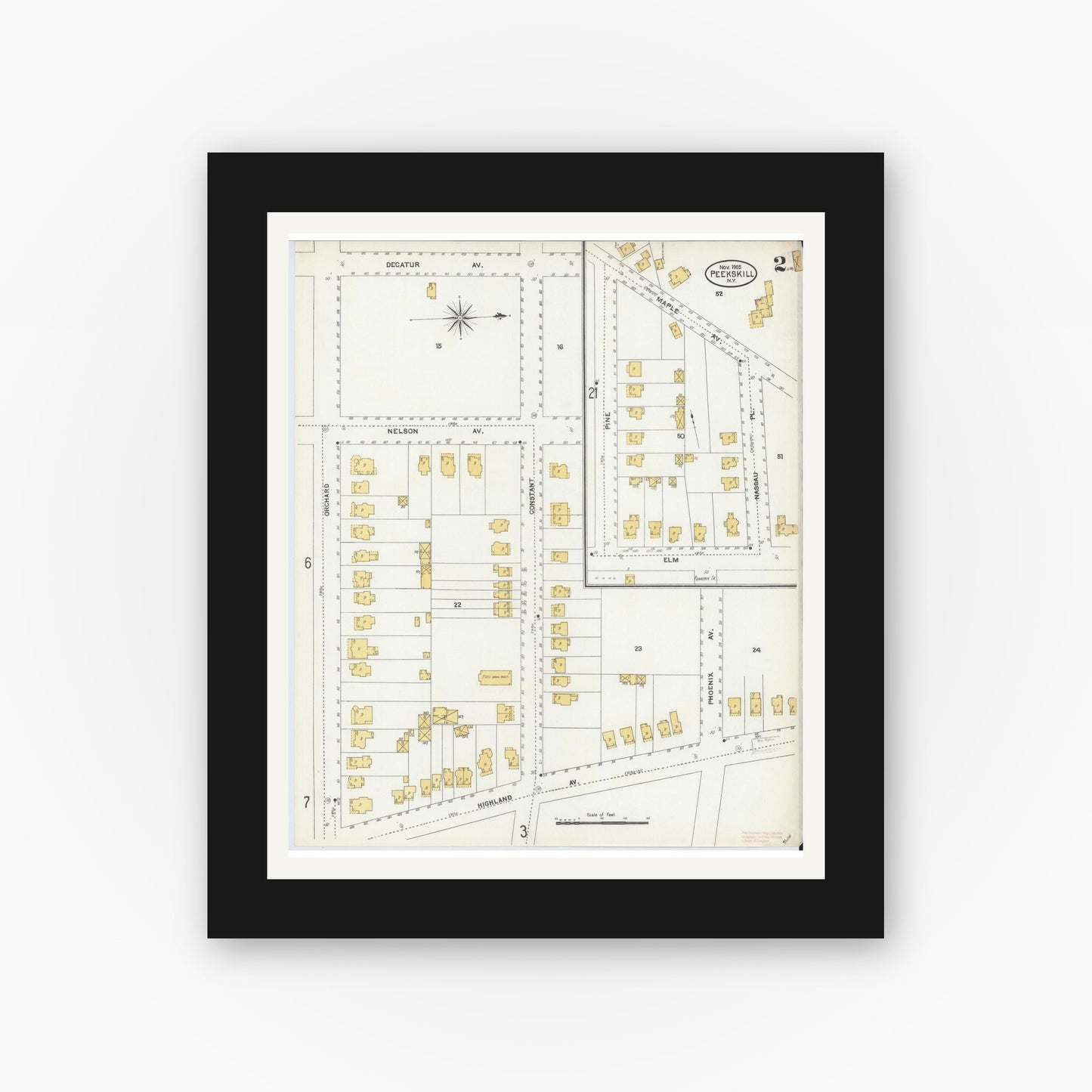 Old map wall art mockup — black gallery frame with white mat — Sanborn Fire Insurance Map from Peekskill, Westchester County, New York (1905) - Complete Map Set