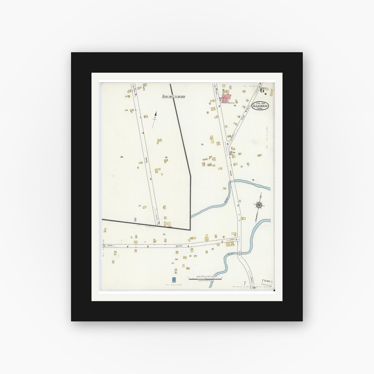 Old map wall art mockup — black gallery frame with white mat — Sanborn Fire Insurance Map from Agawam, Hampden County, Massachusetts (1920), Sheet #0006