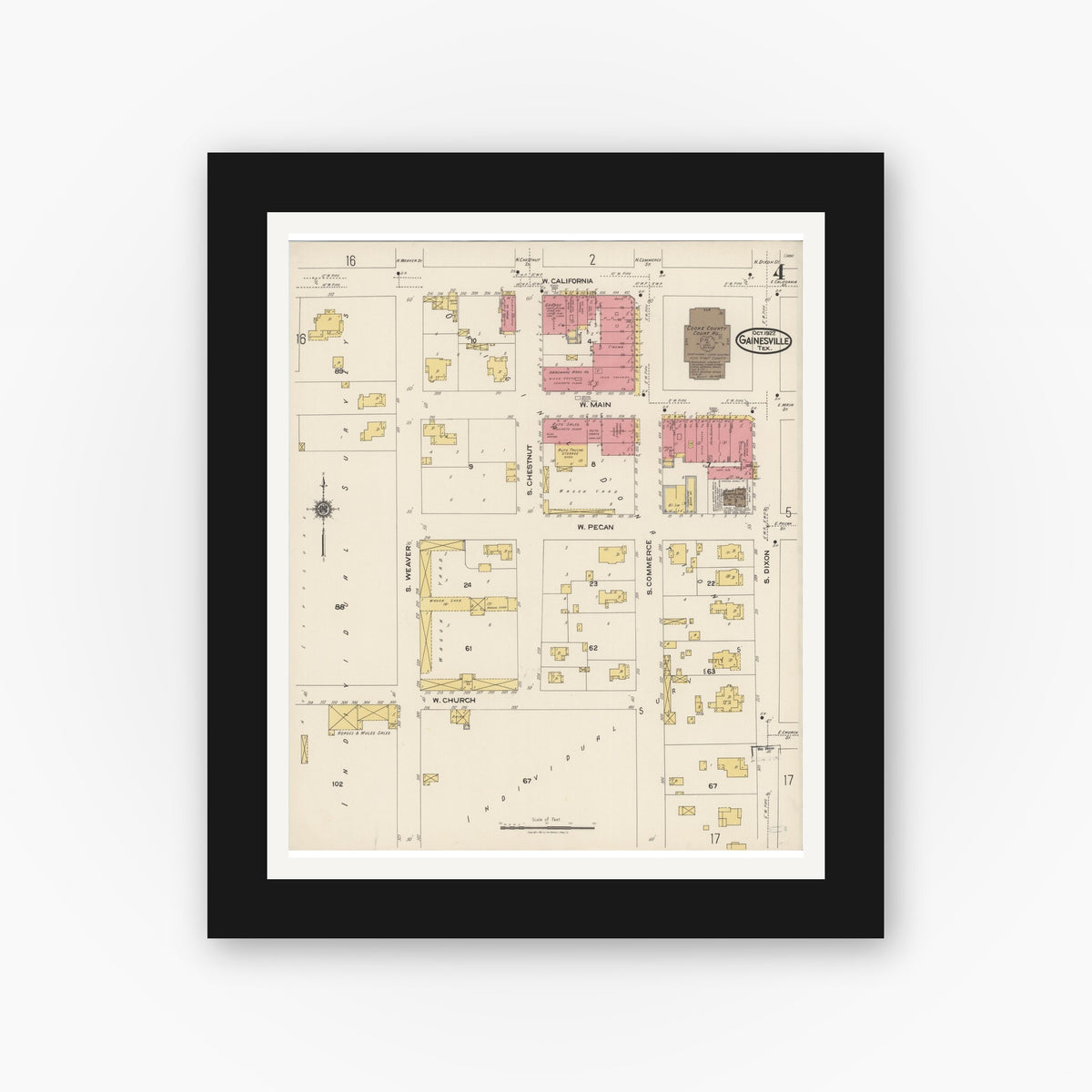 Old map wall art mockup — black gallery frame with white mat — Sanborn Fire Insurance Map from Gainesville, Cooke County, Texas (1922), Sheet #0004