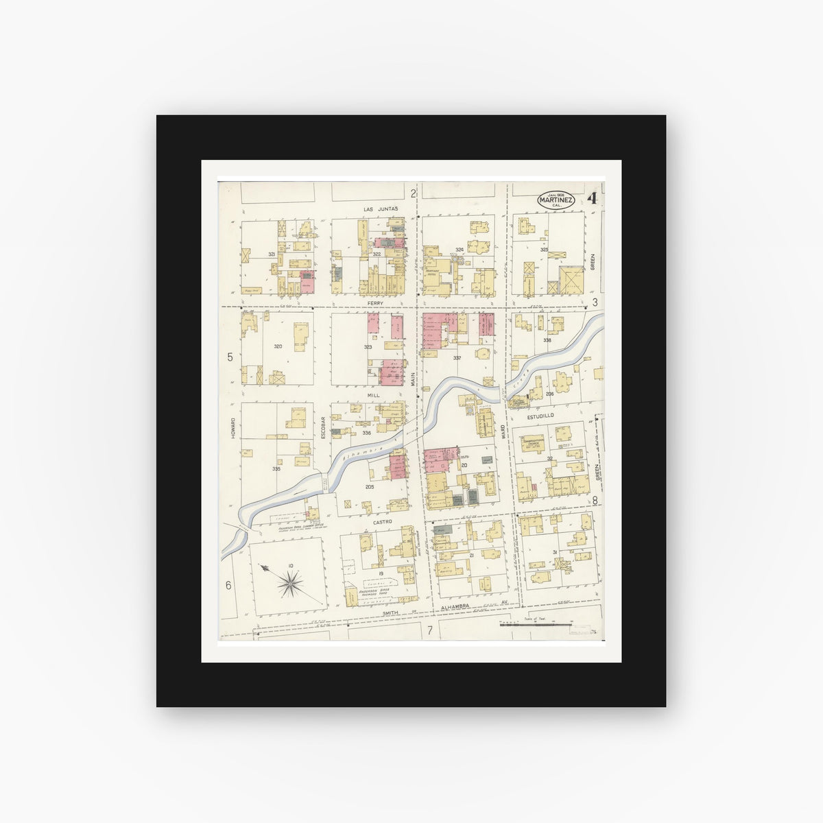 Old map wall art mockup — black gallery frame with white mat — Sanborn Fire Insurance Map from Martinez, Contra Costa County, California (1908), Sheet #0004