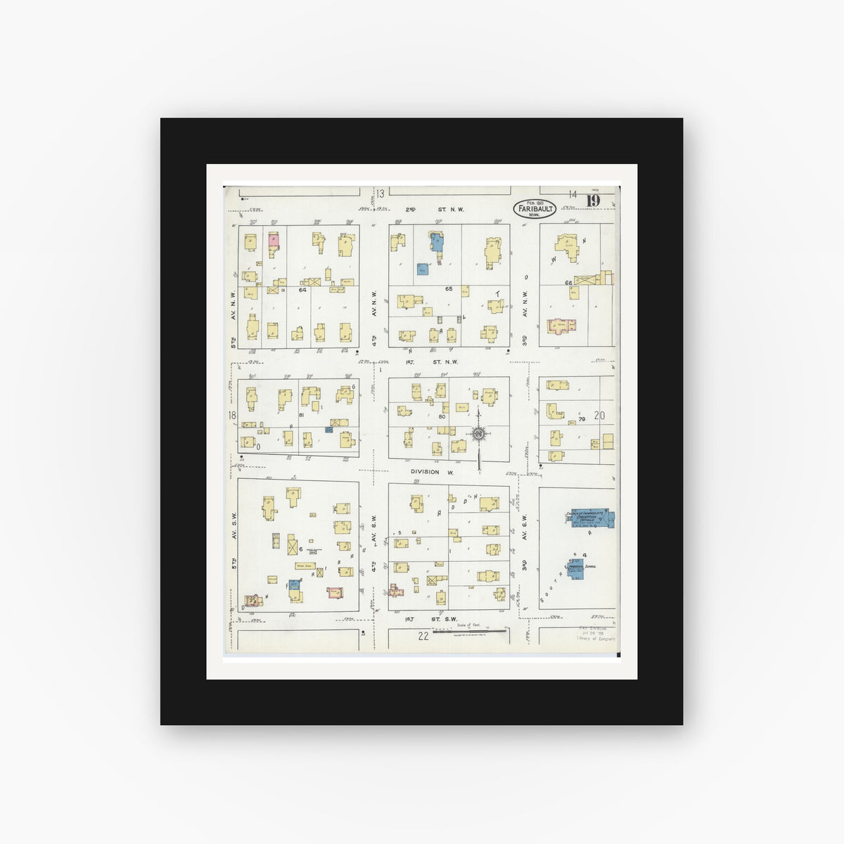 Old map wall art mockup — black gallery frame with white mat — Sanborn Fire Insurance Map from Faribault, Rice County, Minnesota (1921), Sheet #0019