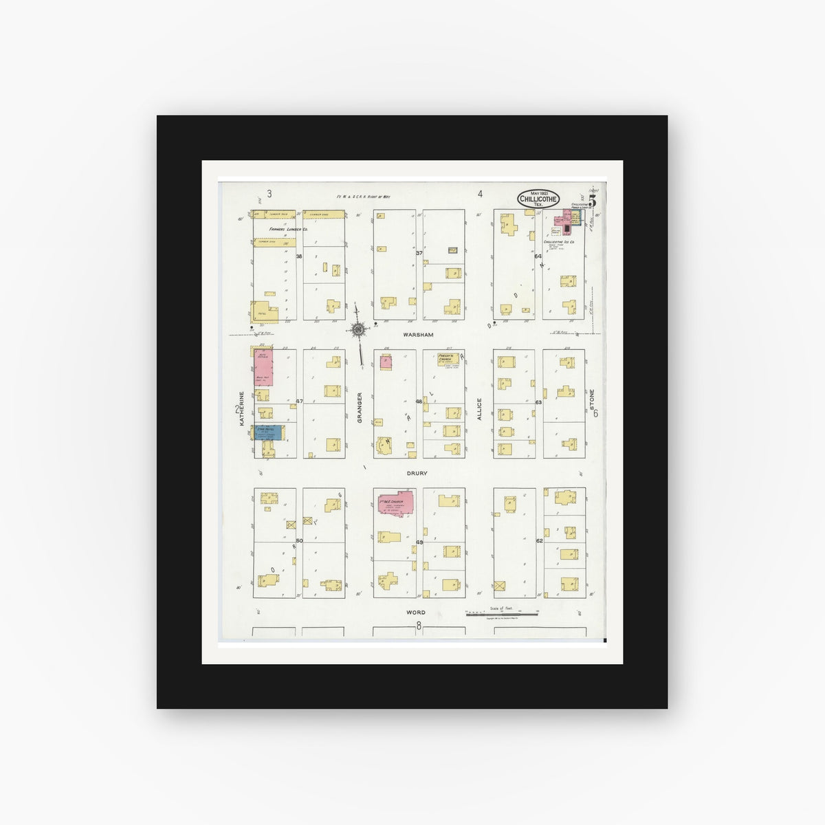 Old map wall art mockup — black gallery frame with white mat — Sanborn Fire Insurance Map from Chillicothe, Hardeman County, Texas (1921), Sheet #0005