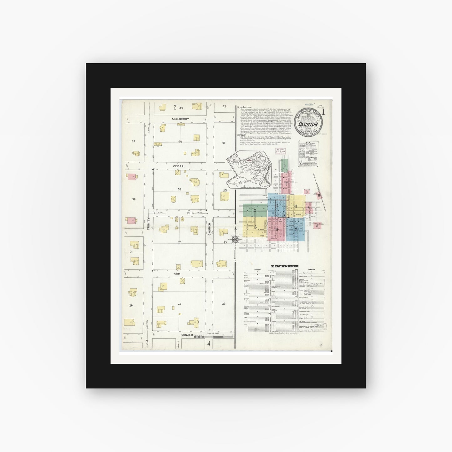 Old map wall art mockup — black gallery frame with white mat — Sanborn Fire Insurance Map from Decatur, Wise County, Texas (1914) - Complete Map Set