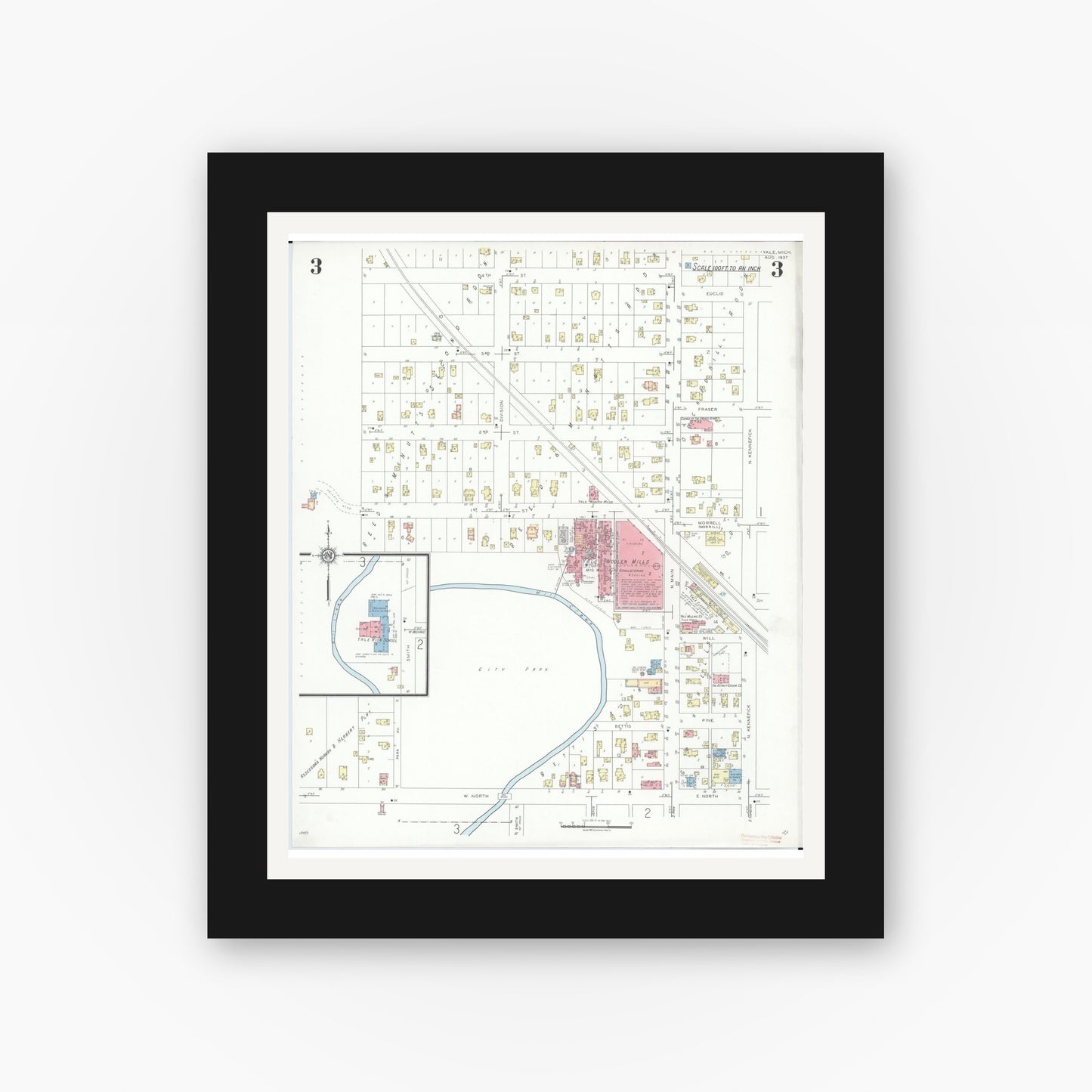 Old map wall art mockup — black gallery frame with white mat — Sanborn Fire Insurance Map from Yale, Saint Clair County, Michigan (1937), Sheet #0003