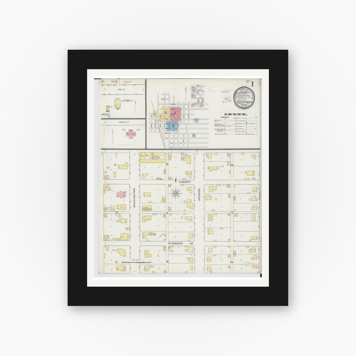 Old map wall art mockup — black gallery frame with white mat — Sanborn Fire Insurance Map from Mcleansboro, Hamilton County, Illinois (1894) - Complete Map Set