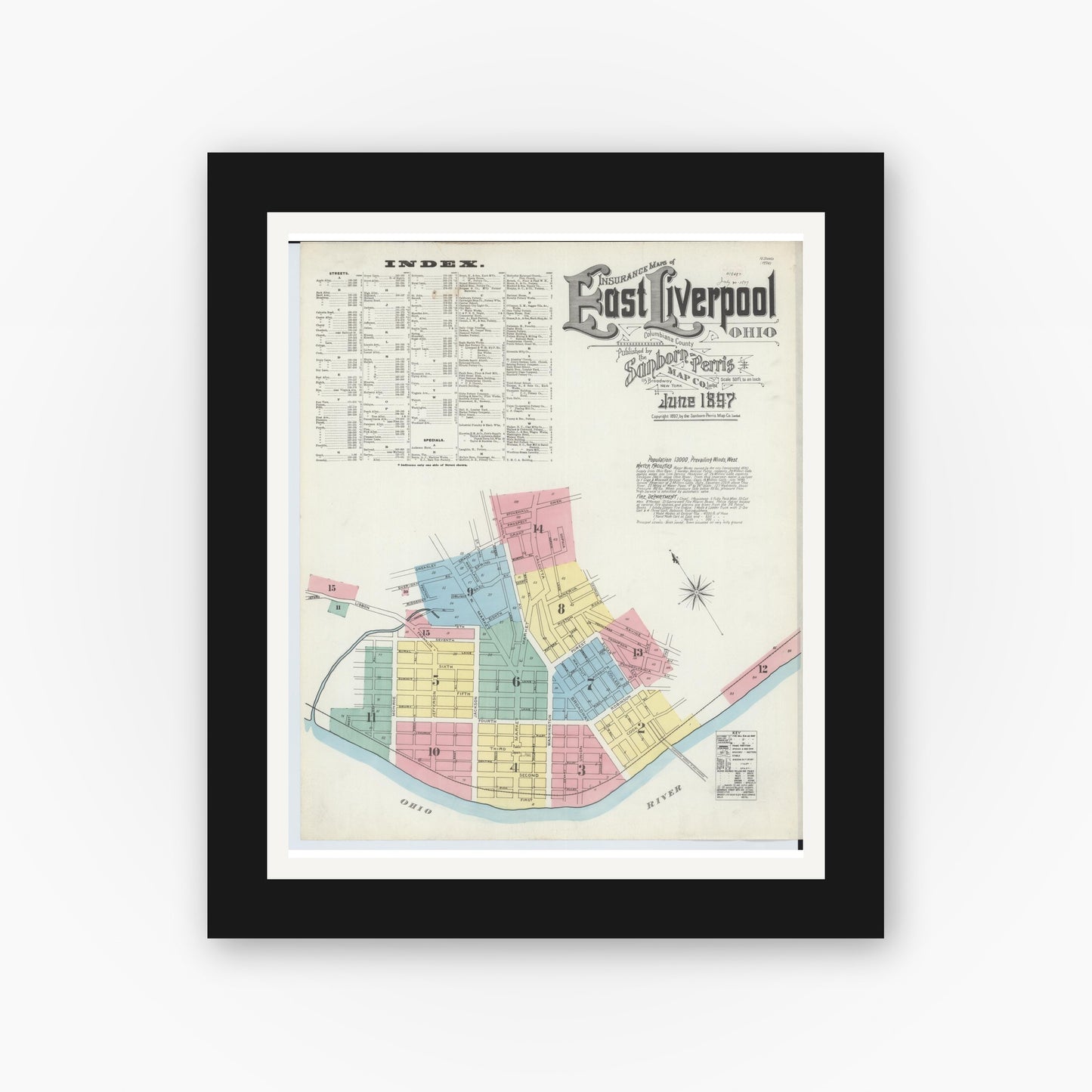 Old map wall art mockup — black gallery frame with white mat — Sanborn Fire Insurance Map from East Liverpool, Columbiana County, Ohio (1897) - Complete Map Set