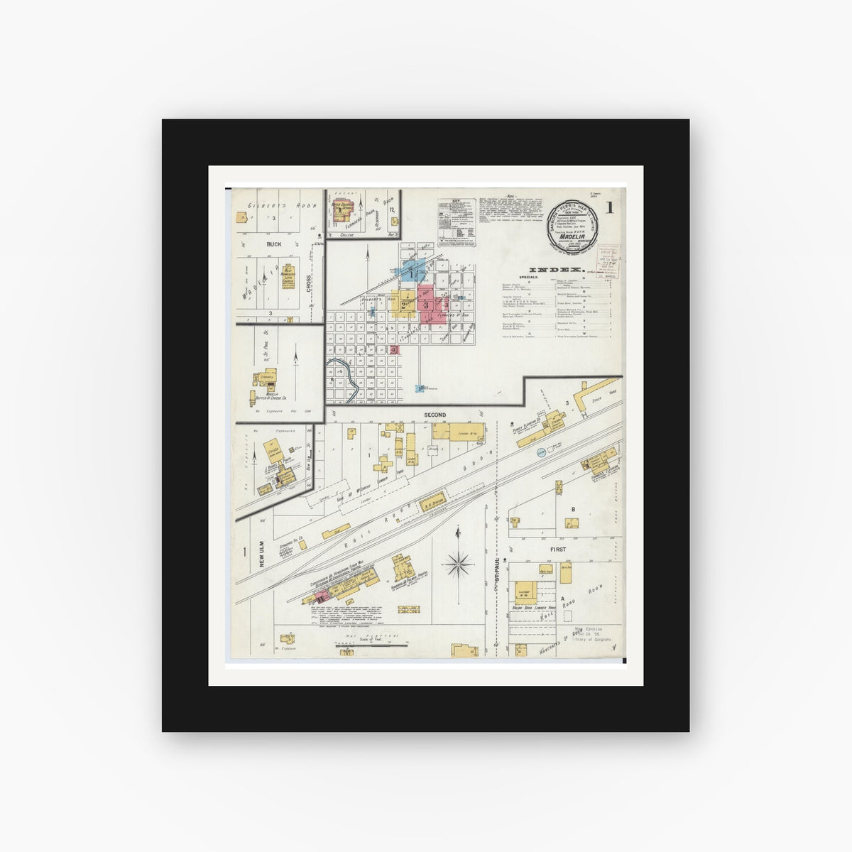 Old map wall art mockup — black gallery frame with white mat — Sanborn Fire Insurance Map from Madelia, Watonwan County, Minnesota (1900) - Complete Map Set