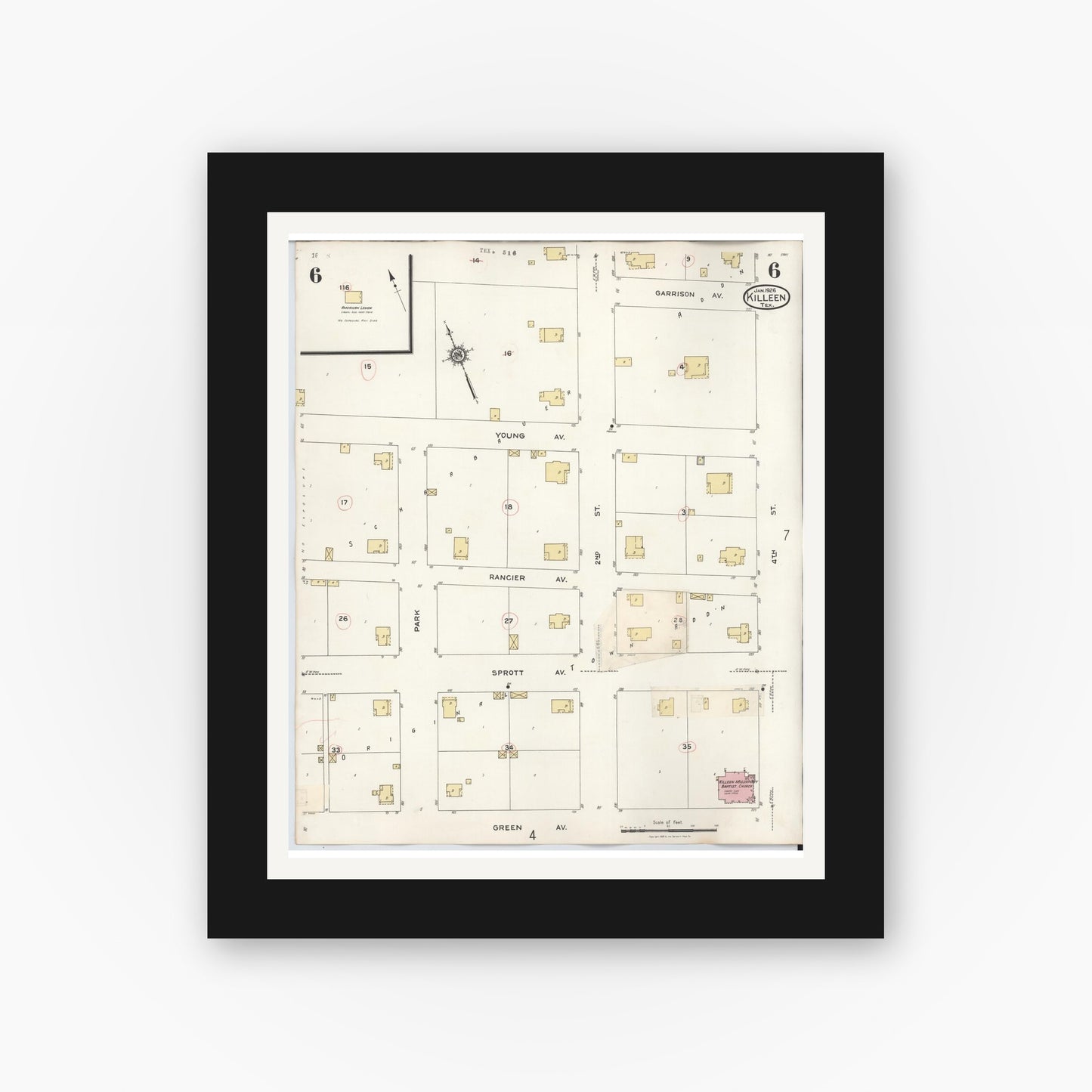 Old map wall art mockup — black gallery frame with white mat — Sanborn Fire Insurance Map from Killeen, Bell County, Texas (1937), Sheet #0006