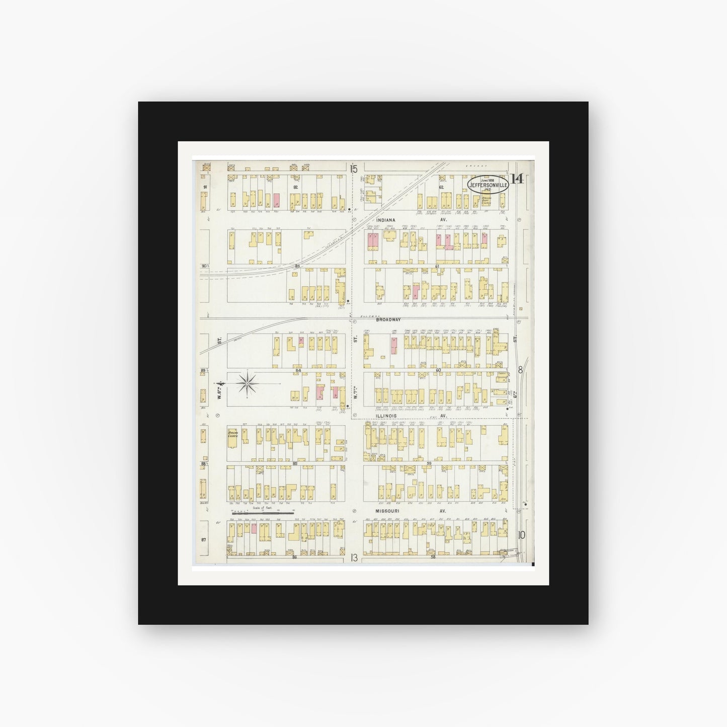 Old map wall art mockup — black gallery frame with white mat — Sanborn Fire Insurance Map from Jeffersonville, Clark County, Indiana (1898), Sheet #0014