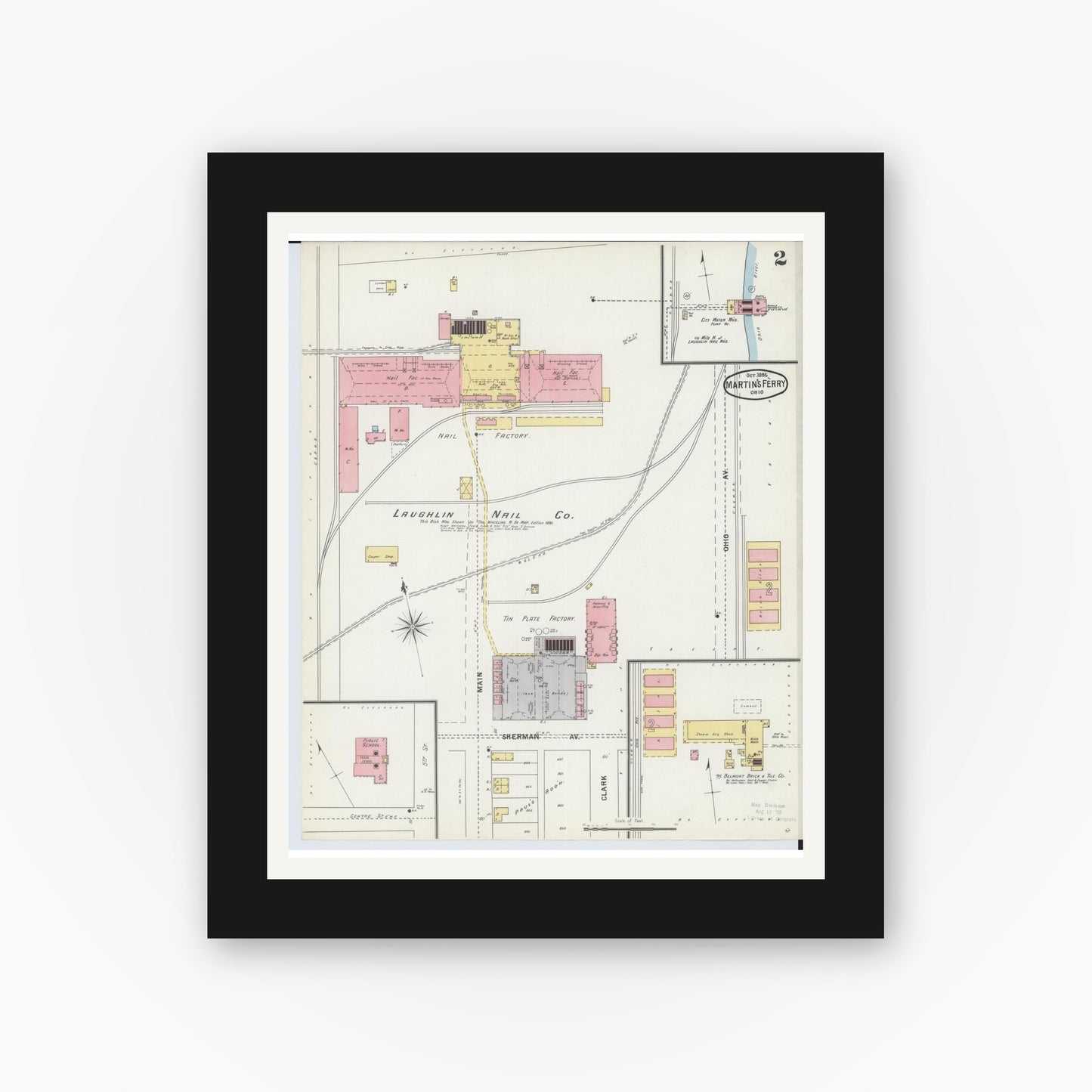 Old map wall art mockup — black gallery frame with white mat — Sanborn Fire Insurance Map from Martins Ferry, Belmont County, Ohio (1895), Sheet #0002