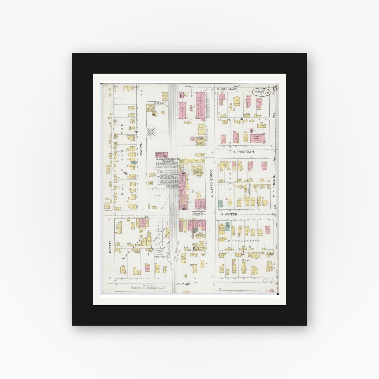 Old map wall art mockup — black gallery frame with white mat — Sanborn Fire Insurance Map from Decatur, Macon County, Illinois (1887), Sheet #0006