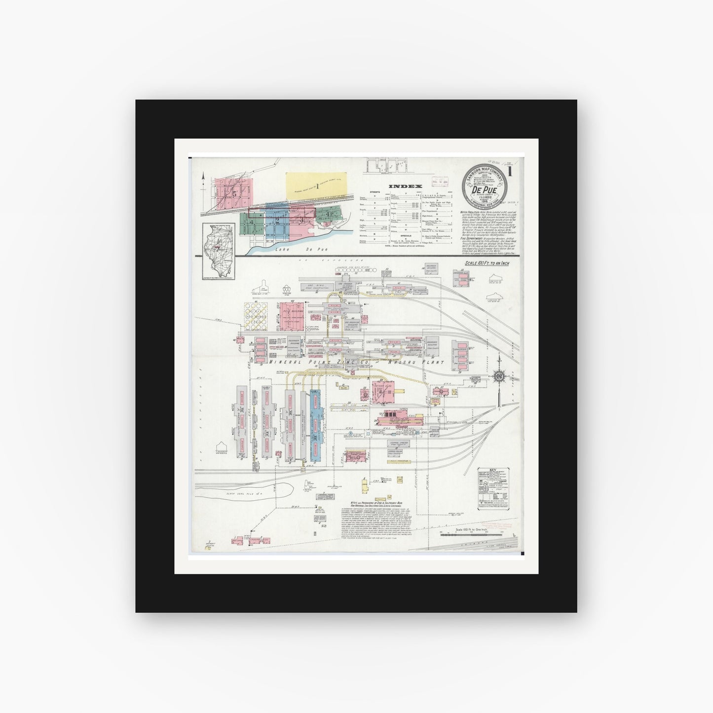 Old map wall art mockup — black gallery frame with white mat — Sanborn Fire Insurance Map from De Pue, Bureau County, Illinois (1914) - Complete Map Set