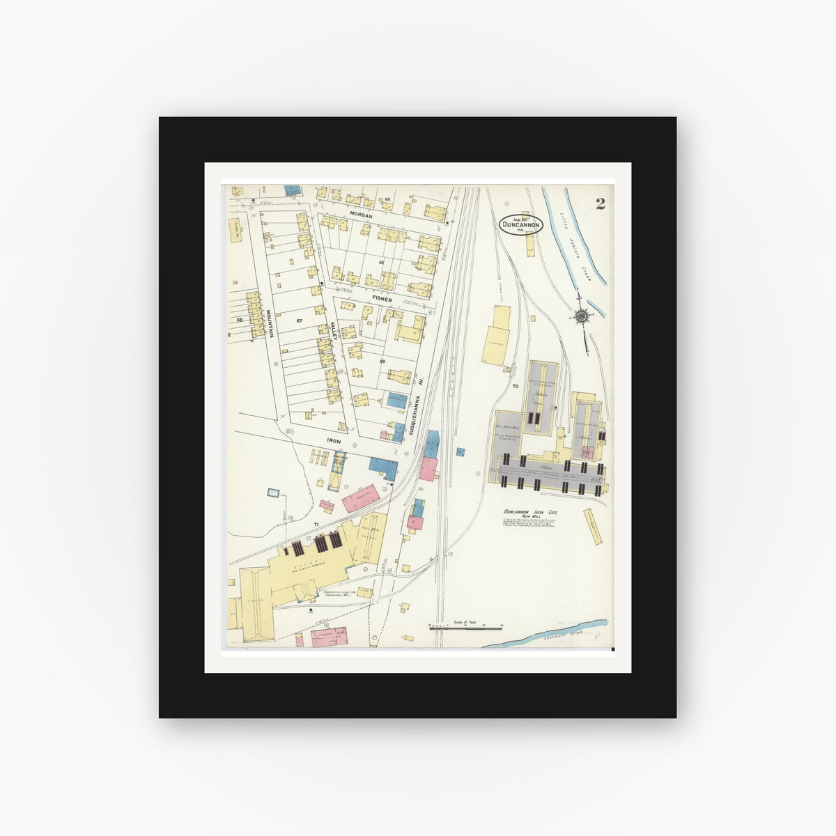 Old map wall art mockup — black gallery frame with white mat — Sanborn Fire Insurance Map from Duncannon, Perry County, Pennsylvania (1911), Sheet #0002