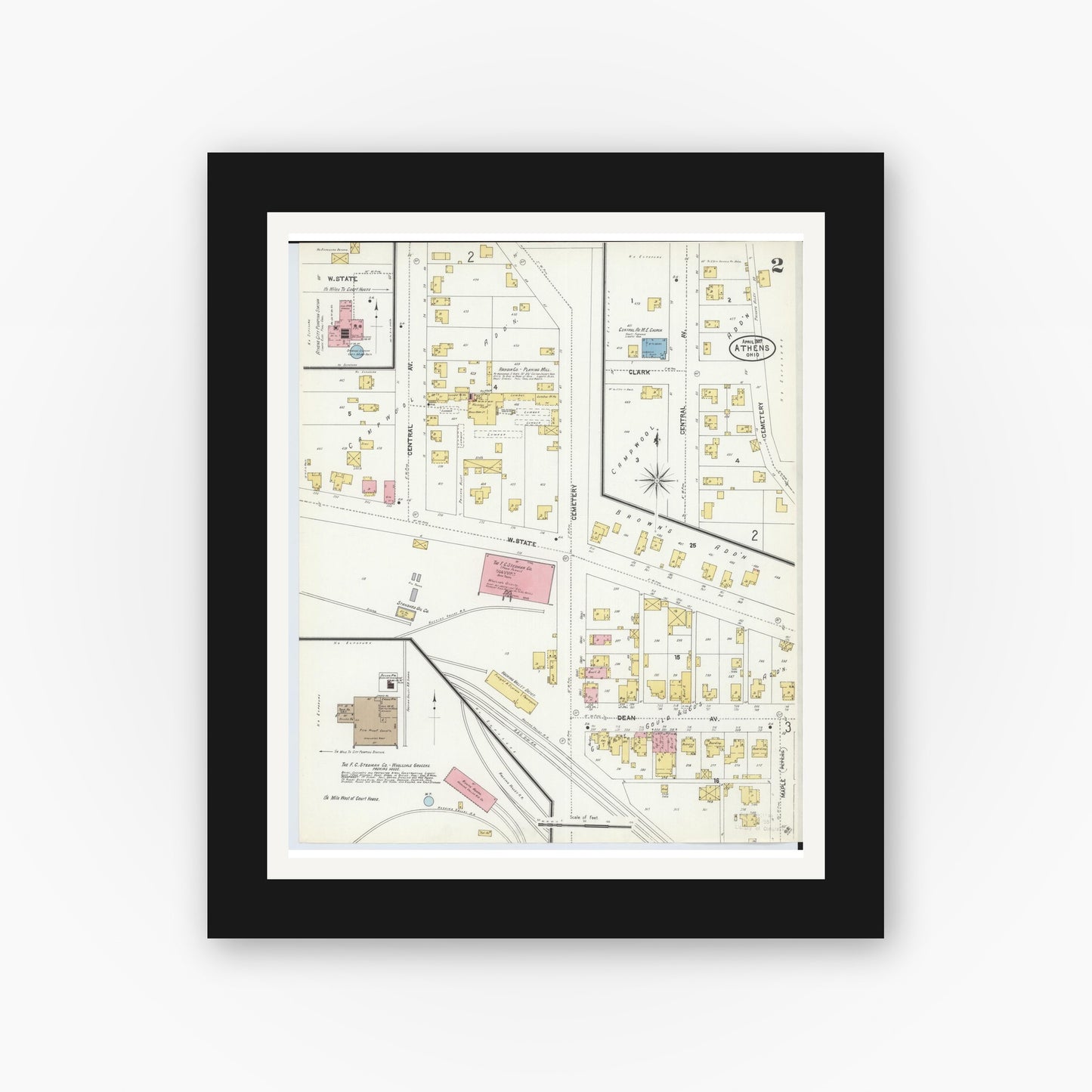 Old map wall art mockup — black gallery frame with white mat — Sanborn Fire Insurance Map from Athens, Athens County, Ohio (1907), Sheet #0002