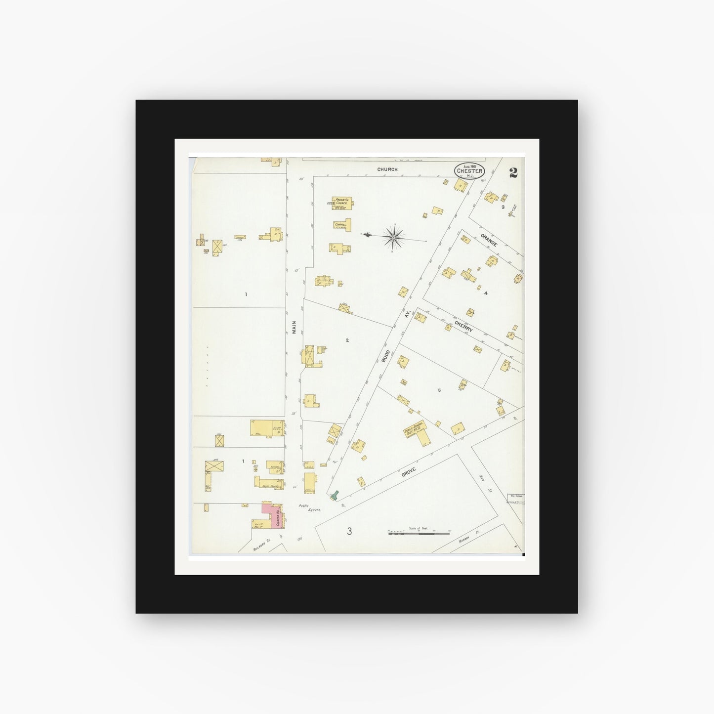 Old map wall art mockup — black gallery frame with white mat — Sanborn Fire Insurance Map from Chester, Morris County, New Jersey (1901), Sheet #0002
