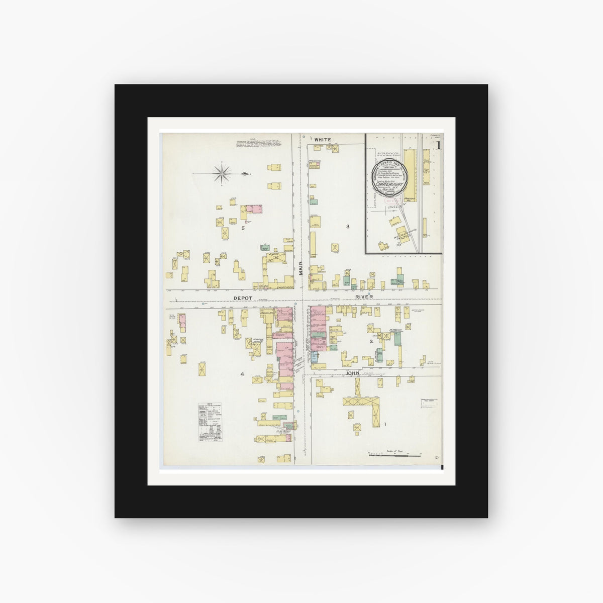 Old map wall art mockup — black gallery frame with white mat — Sanborn Fire Insurance Map from Chateaugay, Franklin County, New York (1892) - Complete Map Set