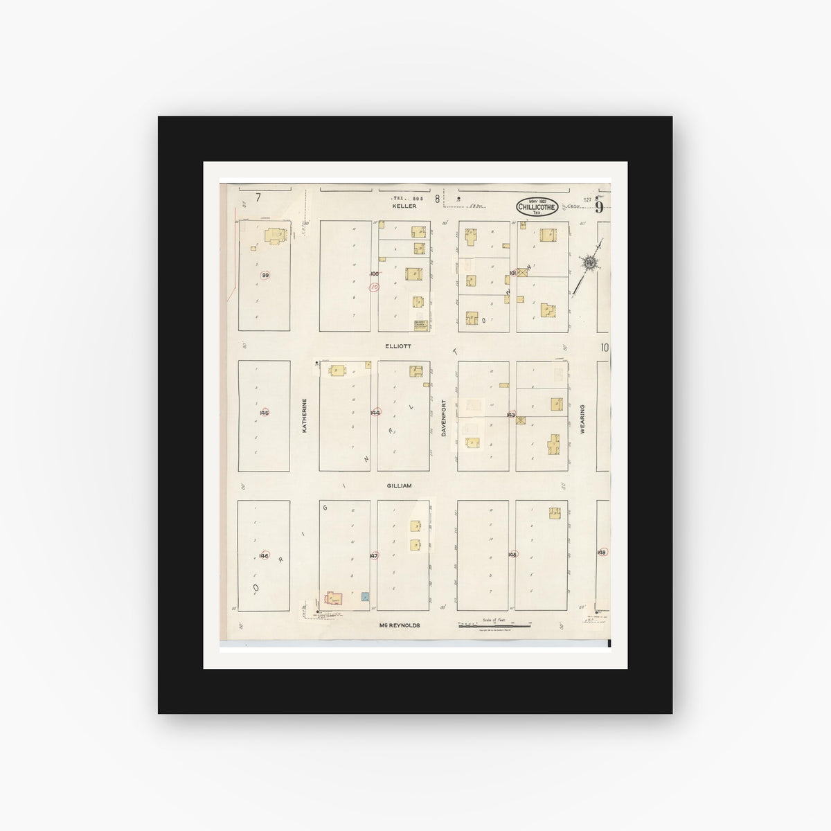 Old map wall art mockup — black gallery frame with white mat — Sanborn Fire Insurance Map from Chillicothe, Hardeman County, Texas (1941), Sheet #0009