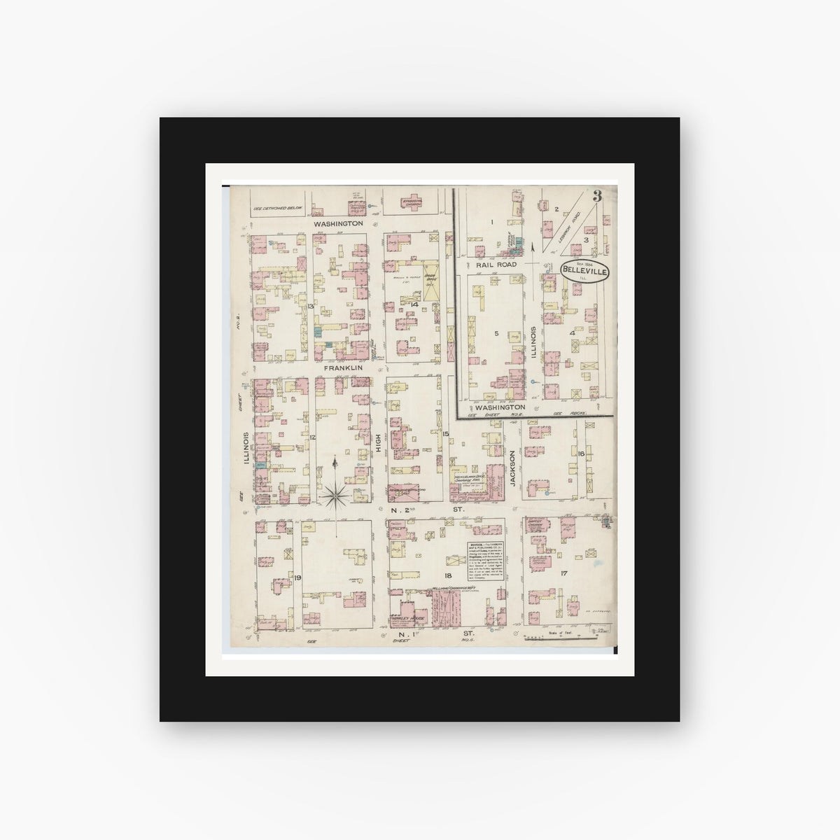 Old map wall art mockup — black gallery frame with white mat — Sanborn Fire Insurance Map from Belleville, Saint Clair County, Illinois (1884), Sheet #0003