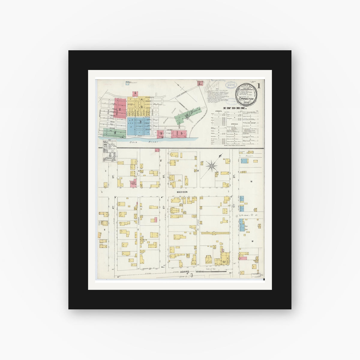 Old map wall art mockup — black gallery frame with white mat — Sanborn Fire Insurance Map from Cannelton, Perry County, Indiana (1898), Sheet #0001