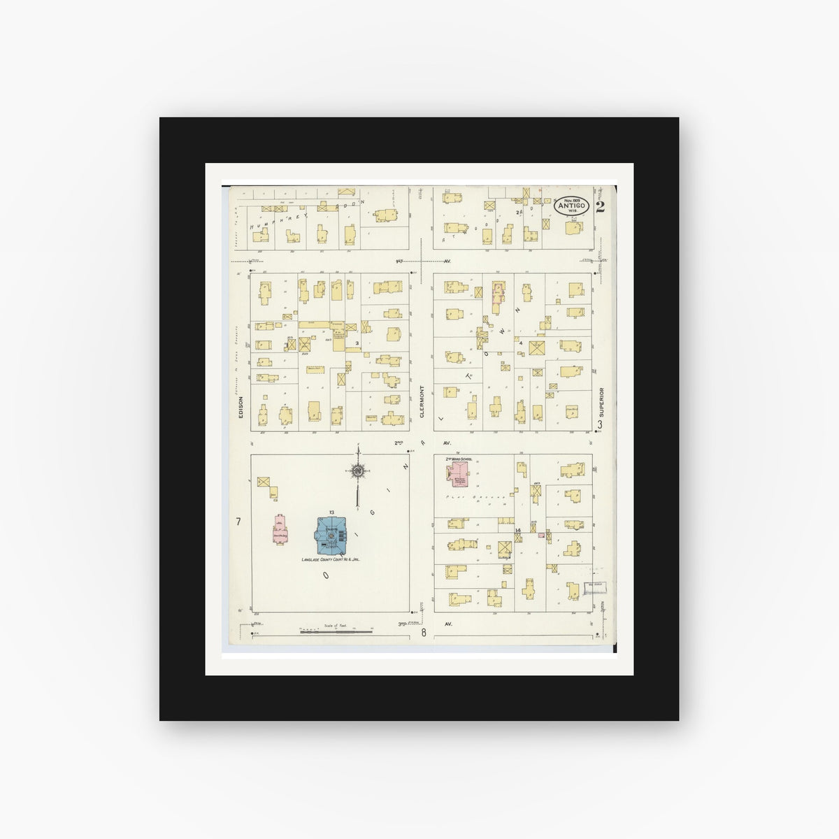 Old map wall art mockup — black gallery frame with white mat — Sanborn Fire Insurance Map from Antigo, Langlade County, Wisconsin (1909), Sheet #0002