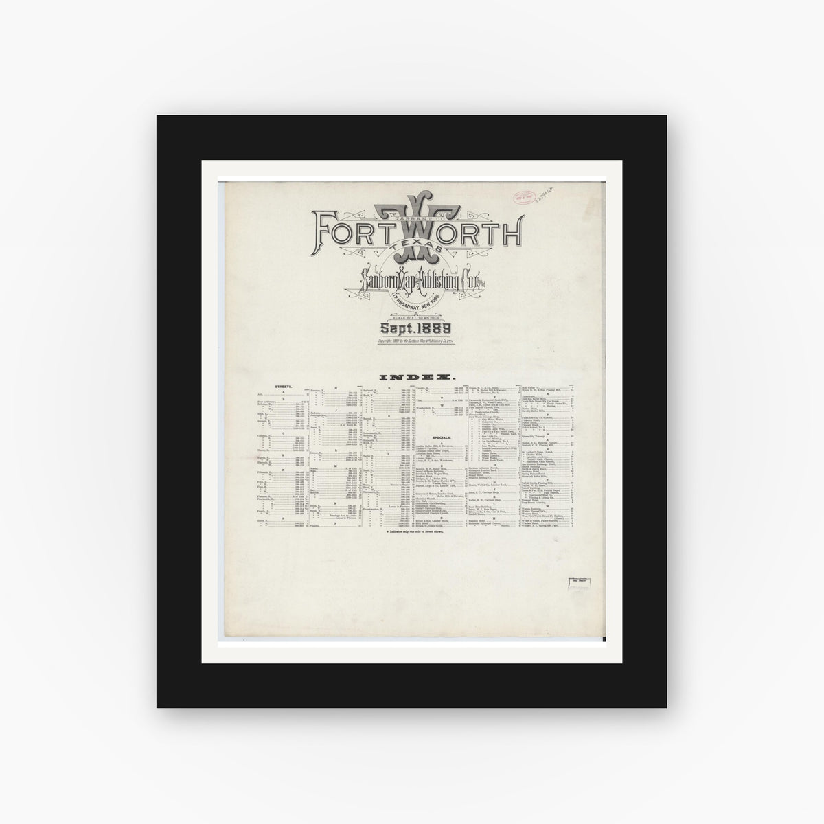 Old map wall art mockup — black gallery frame with white mat — Sanborn Fire Insurance Map from Fort Worth, Tarrant County, Texas (1899), Sheet #0001